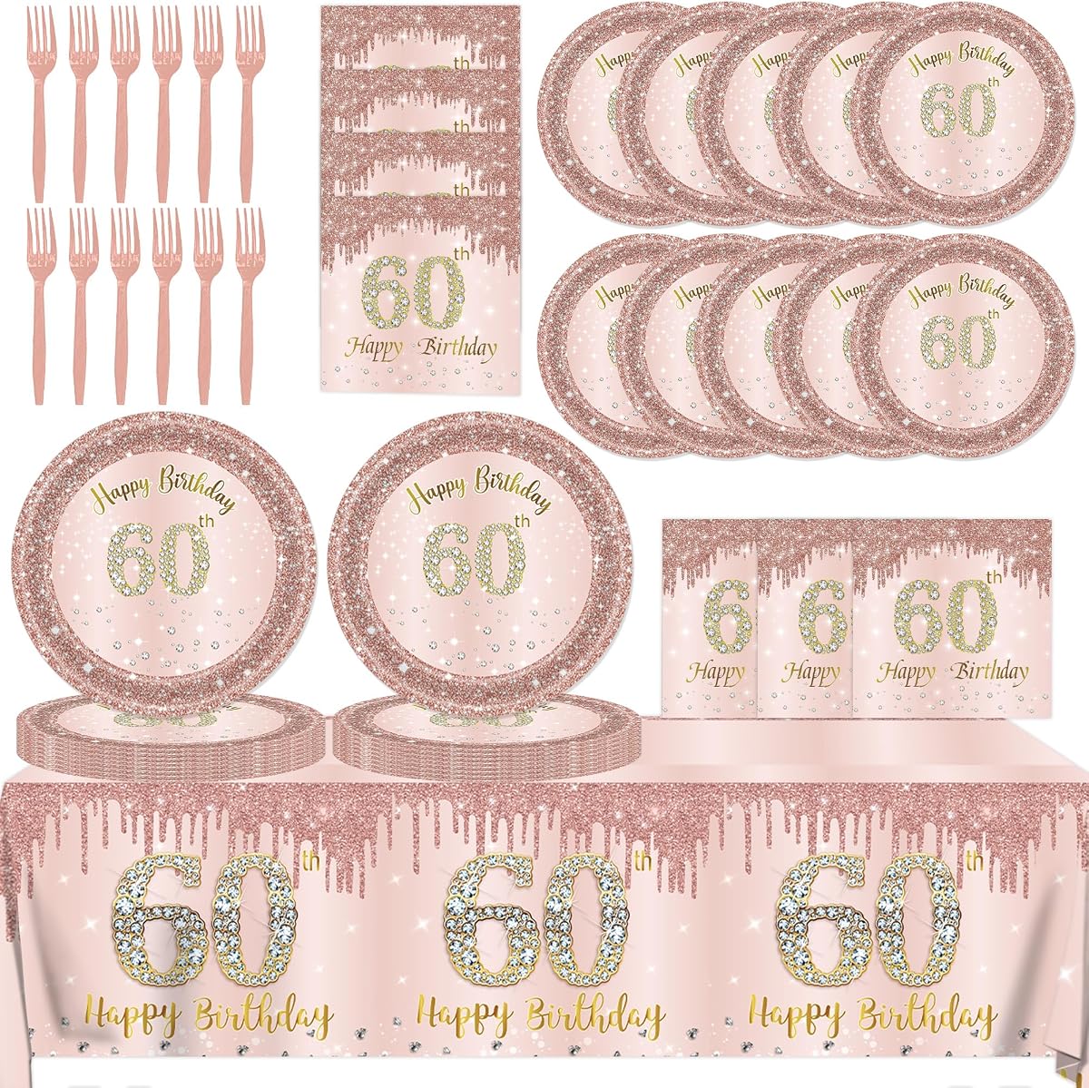 Decoraciones de 60 cumpleaños para mujer, 61 piezas de vajilla de decoraciones de 60 cumpleaños de oro rosa que incluyen platos y servilletas de feliz 60 cumpleaños, mantel, tenedores, suministros para fiesta de 60 cumpleaños para 20