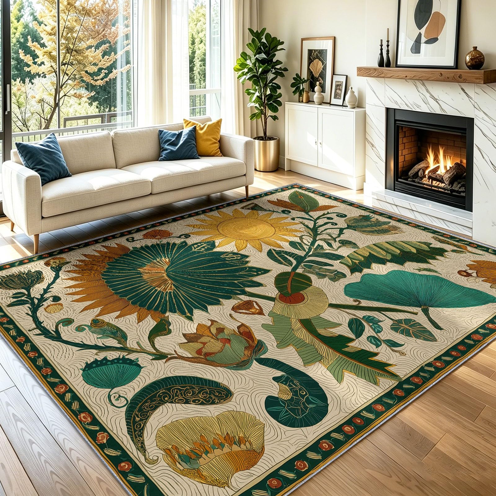 Tapis salon 60x90 cm beige lavable et antidérapant vintage à poil ras