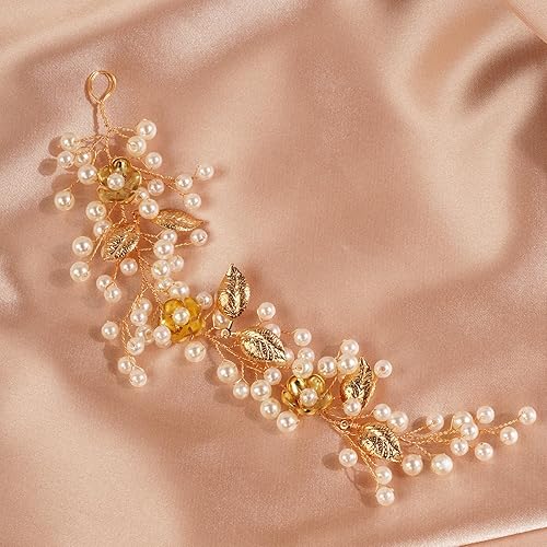 Diadema de boda dorada para novias, vides, perlas, hojas de flores, pelo de boda, para novias, vides, perlas, hojas de flores, pelo de boda para