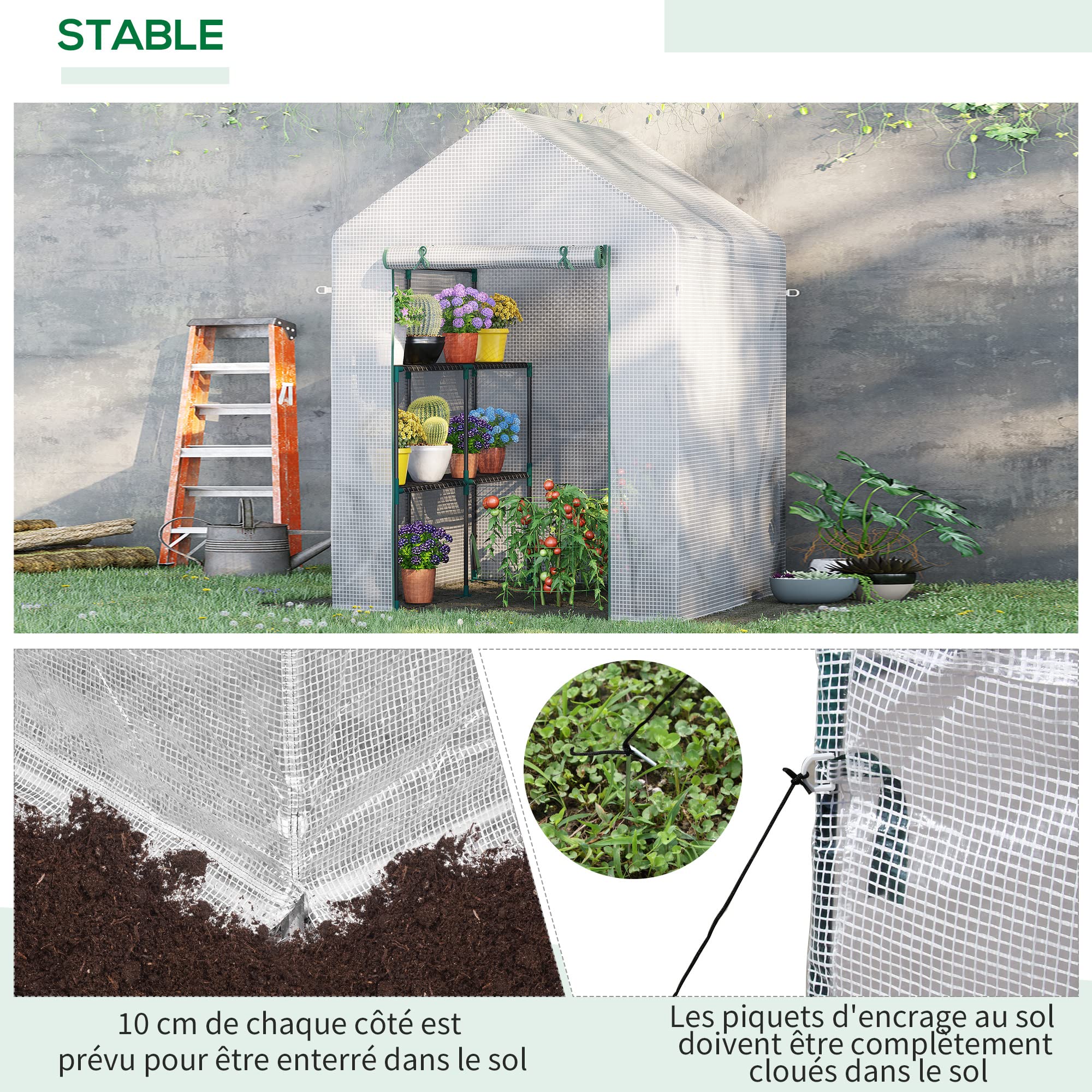 Outsunny Szklarnia ogrodowa z półką 2 poziomy dim. 1,43L x 1,43 l x 1,95H m Drzwi rozwijane ze stali PE o wysokiej gęstości 140 g/m² przezroczysta biała