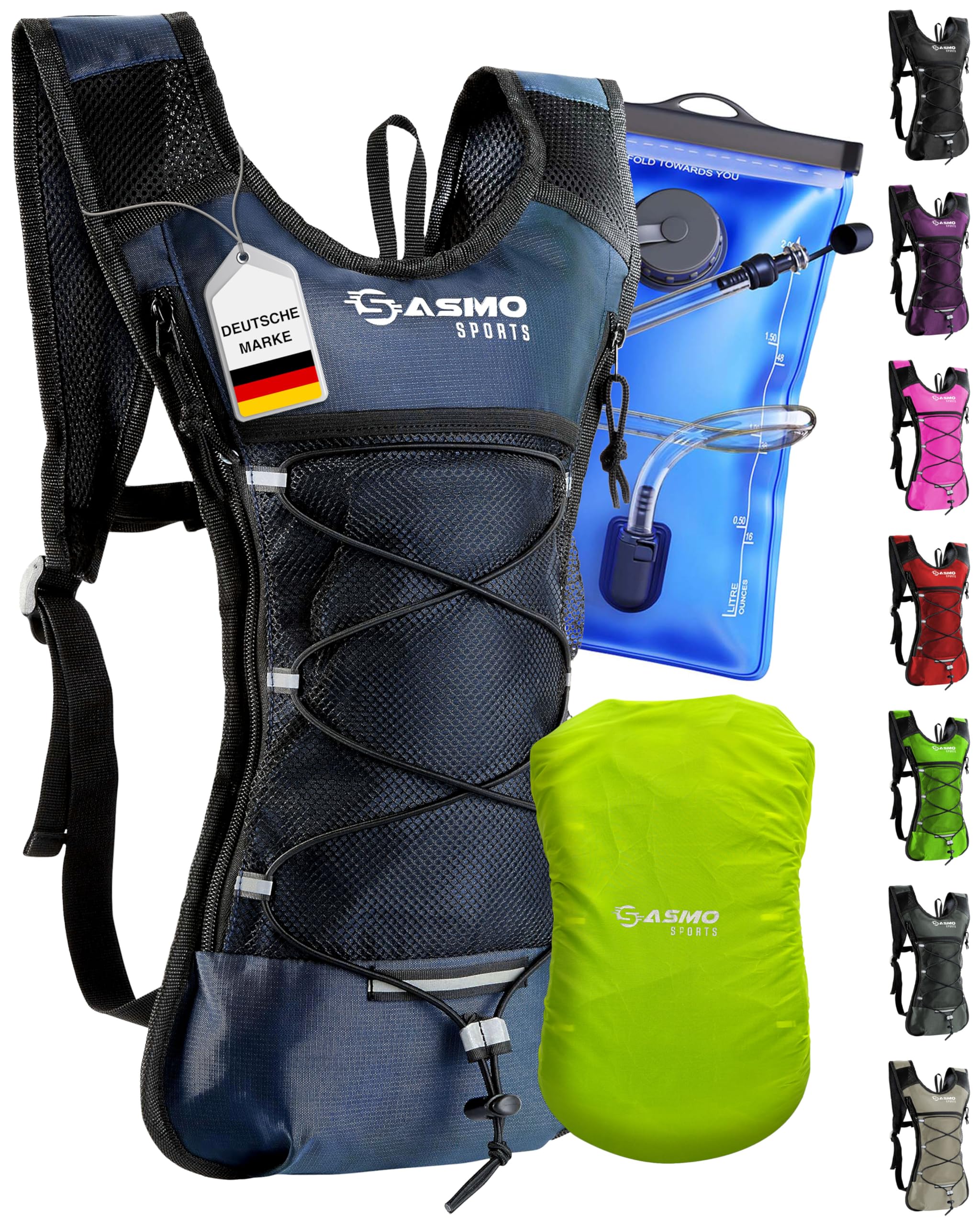 SASMO® Trinkrucksack (Blau) mit Thermofach | Trinkrucksack Laufen - Ultraleicht 300g & 6L | Laufrucksack mit Trinkblase 2l, BPA-Frei | Rucksack mit Trinkblase & Reflektoren | Laufen, Fahrradfahren