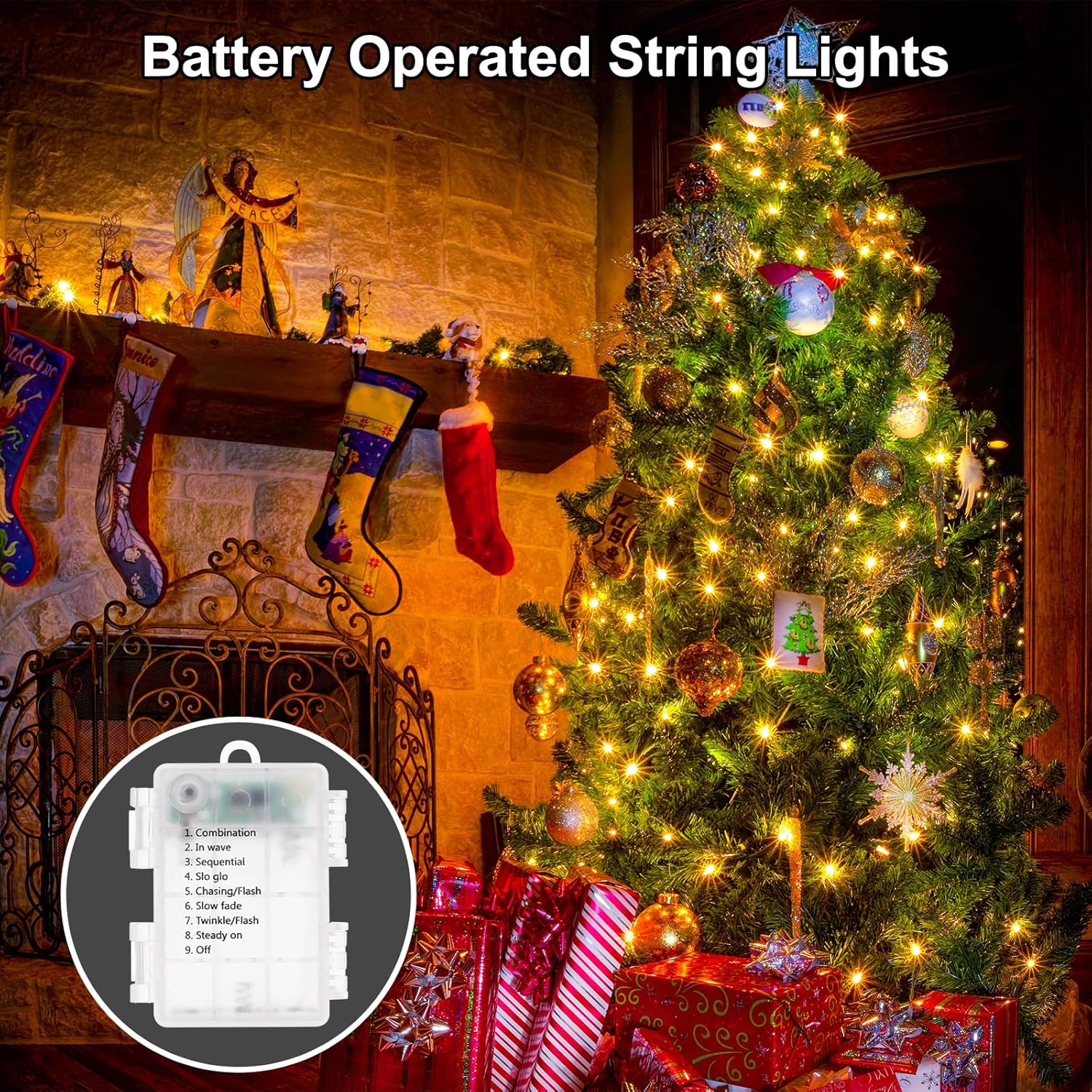 2Pack Christmas Lights Outdoor Battery Operated String Lights with Remote, Total 400LED 135Ft with Timer 8 Modes Waterproof Outdoor Indoor for Christmas Tree Decor, Warm White