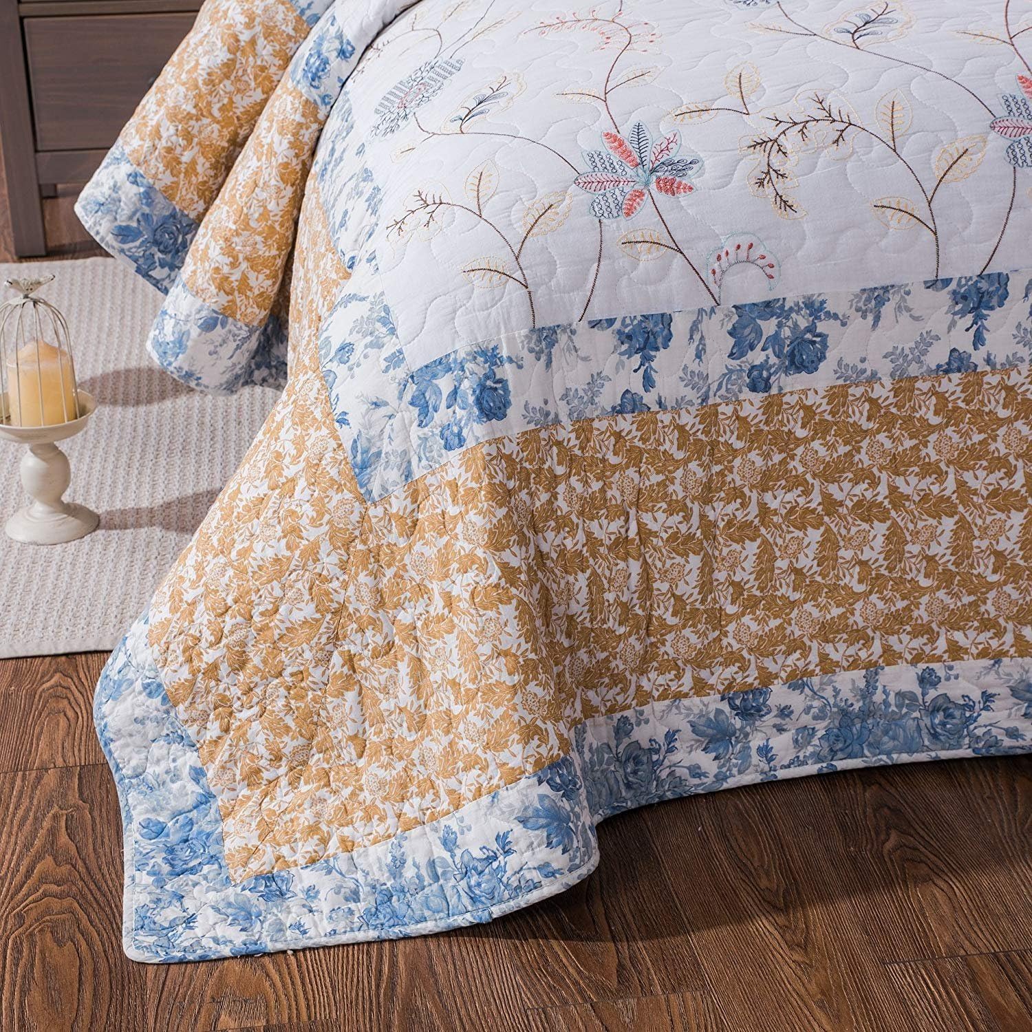 Tache Twin White Quilt Cotton Patchwork Cottage Coastal Beach Embroidered Floral - White Gold Yellow Sky Blue Reversible Lightweight Coverlet Winter Frost Quilt Set - Twin
