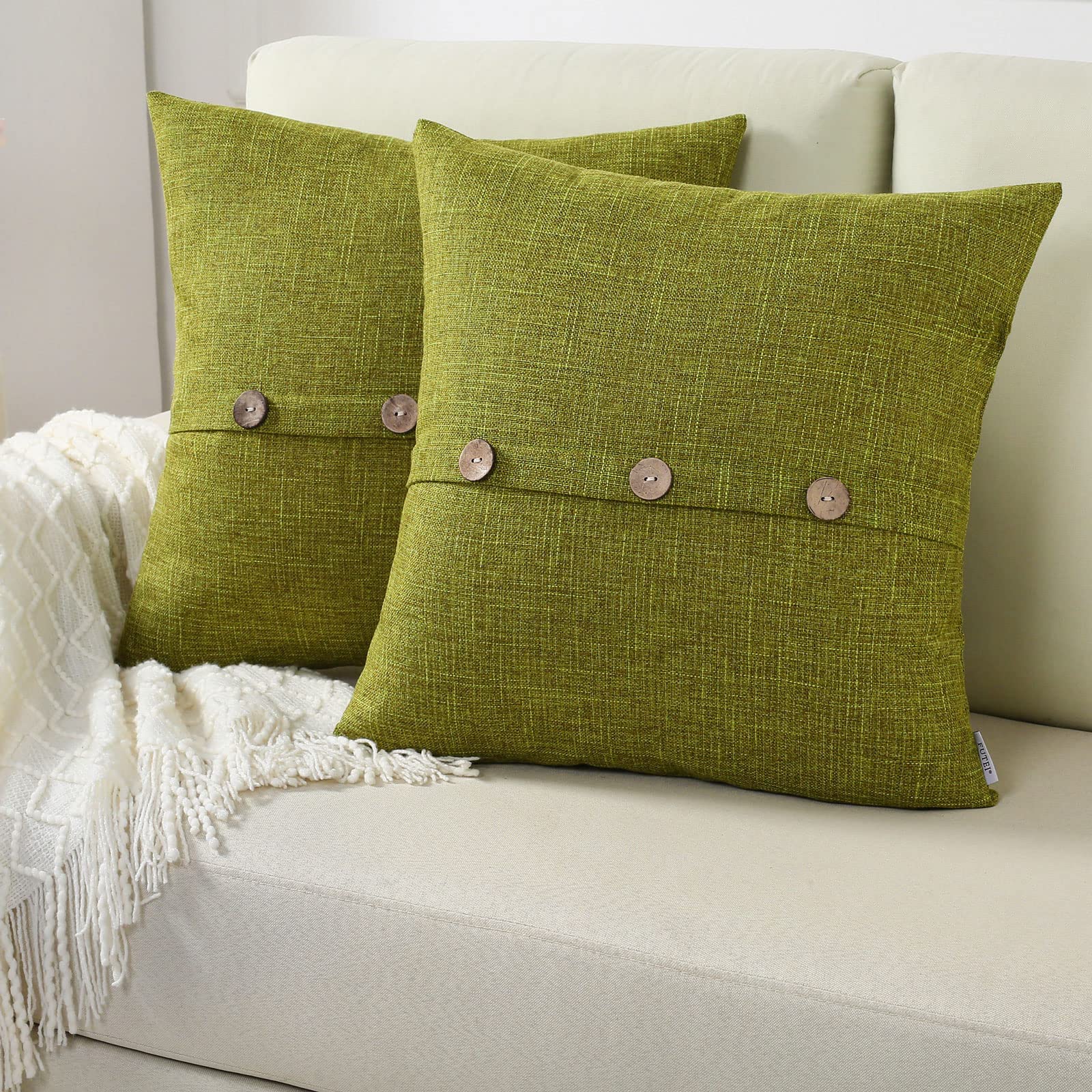 FUTEI Lime Green Linen Decorative Throw Pillow Covers 26x26 Inch Set of 2, Square Euro Shams Cushion Case with Vintage Button/Zipper,Modern Farmhouse Home Decor for Couch,Bed