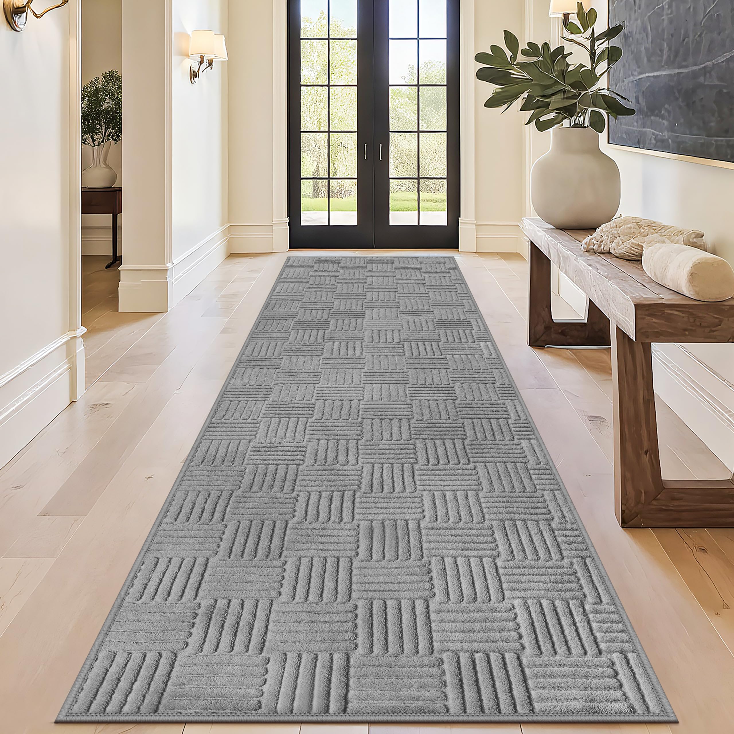 Capslpad Teppich Läufer Flur 80x300cm Grau Modern Waschbar Küchenläufer Teppich 3D Geometrie Hoch Tief Effekt rutschfest Teppiche Weich Teppiche für Wohnzimmer Schlafzimmer