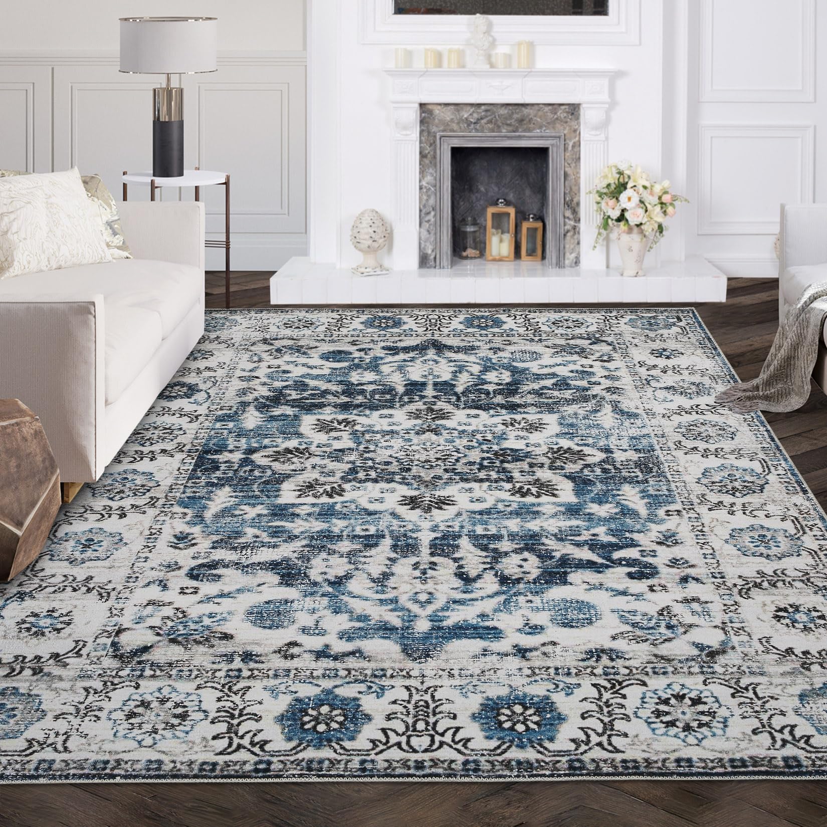 Area Rug 9x12 Washable Rug Vintage Living Room Rugs Large Boho Medallion Distressed Carpets Indoor Soft Floor Anti Slip Carpet for Under Dining Table Bedroom Farmhouse Home Office,Blue
