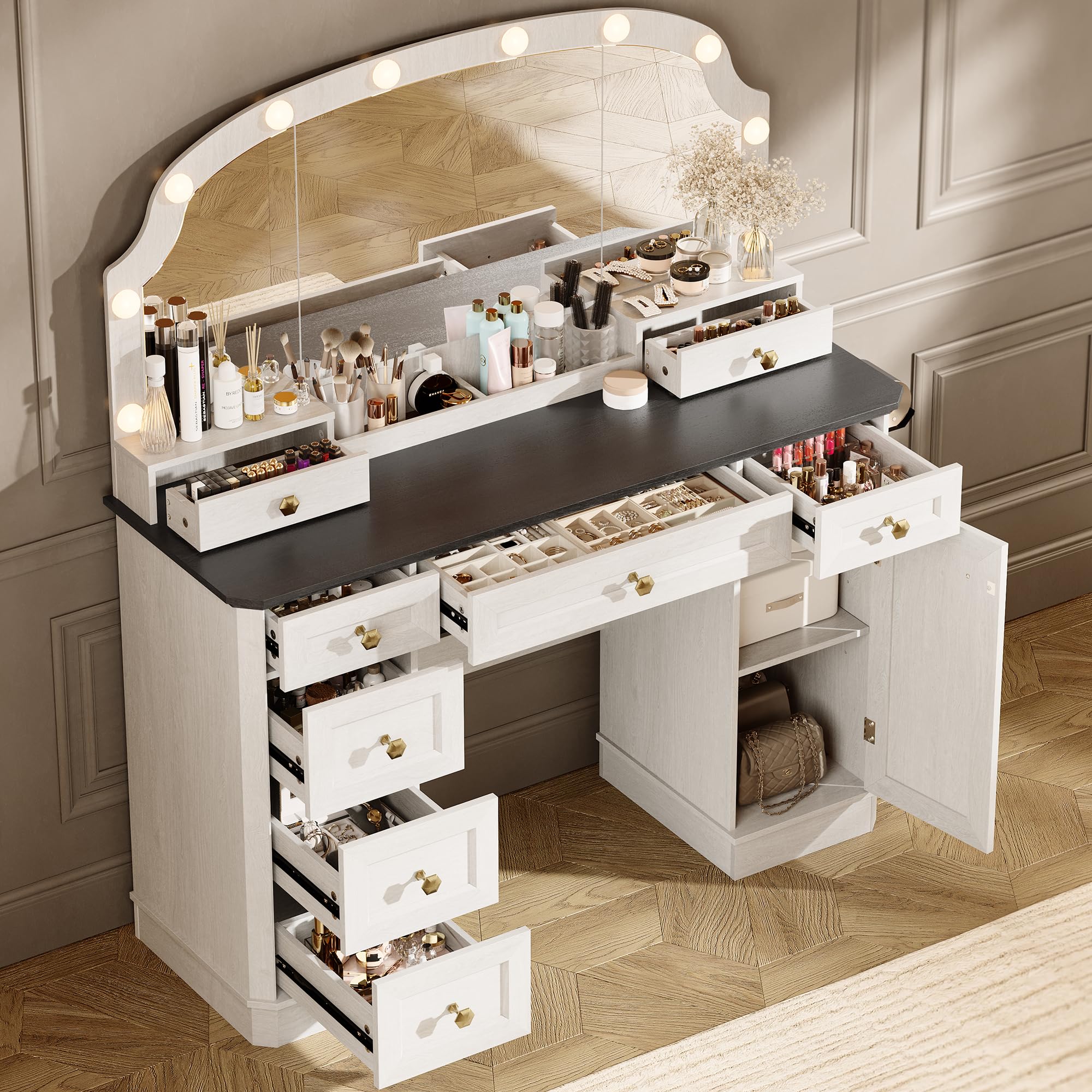 AMBERHAUS Farmhouse Makeup Vanity Desk with Mirror and Lights, 47'' Vanity Table with 8 Storage Drawers 1 Cabinet & 2 Organizer Trays, Large Dressing