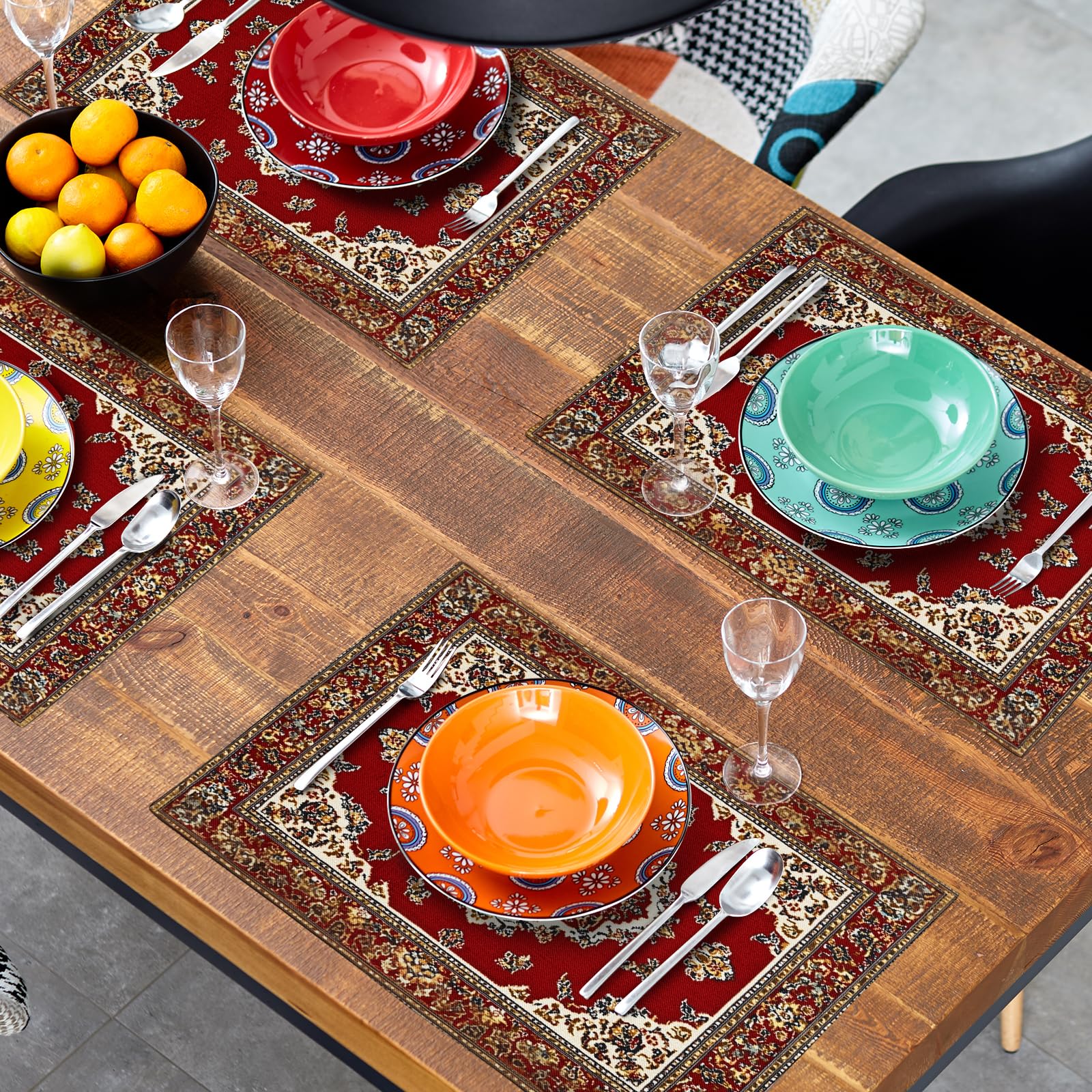Giwawa Juego de 4 manteles individuales étnicos bohemios de 12 x 18 pulgadas, diseño tribal antiguo, rústico, rojo, floral, alfombra de granja, resistente a las manchas, lavable, de lino, para cocina,