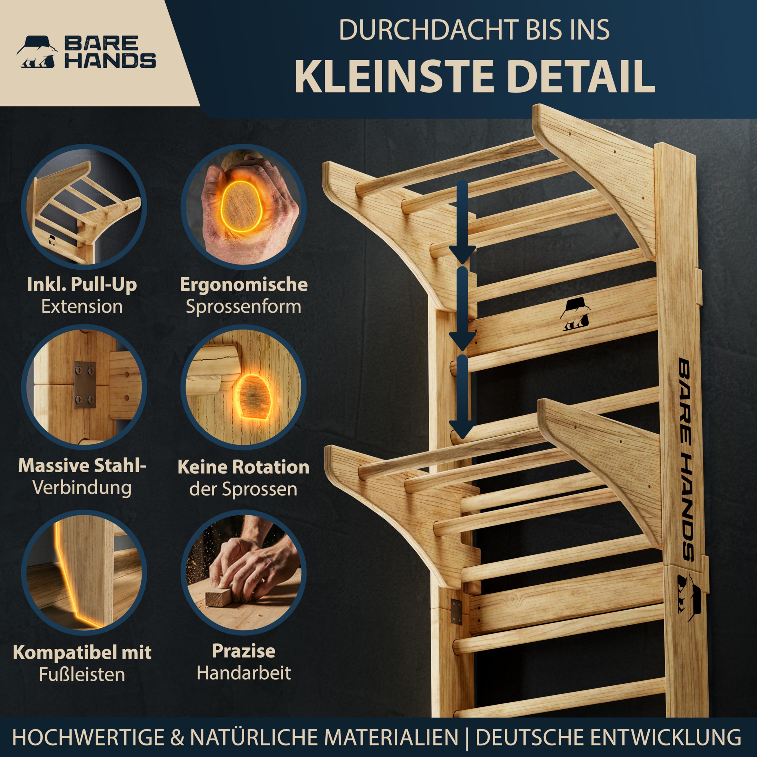 Bare Hands Sprossenwand für Erwachsene & Kinder bis 200 kg – Hochwertige Kletterwand für Zuhause & Kinderzimmer – Mit oder ohne Klimmzugstange und Dipstange erhältlich
