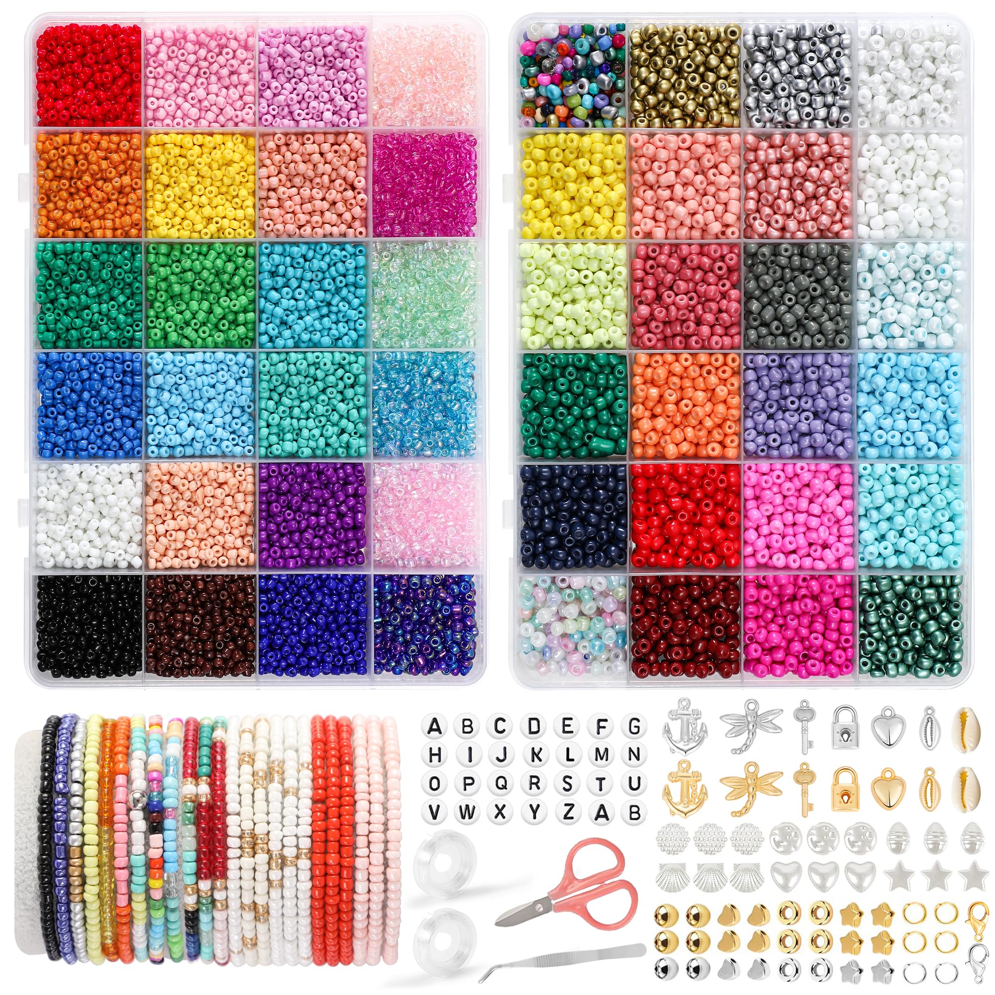 FEHCBIO 15000+ stück 48 Farben 3mm+4mm Perlen Set DIY Perlen für Armbänder,mit Buchstabenperlen zum Auffädeln Selber Machen Schmuckherstellung Set,Geschenkeidee für Weihnachten,Geburtstag,partys