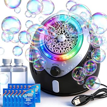 Play-Act Bubble Machine for Kids, Toddlers, Rechargeable Battery Operated Bubble Machine Blower with Solutions and USB Charging Cable, Party Favors, Summer Outdoor Toy for Wedding, Kids Birthday Gift
