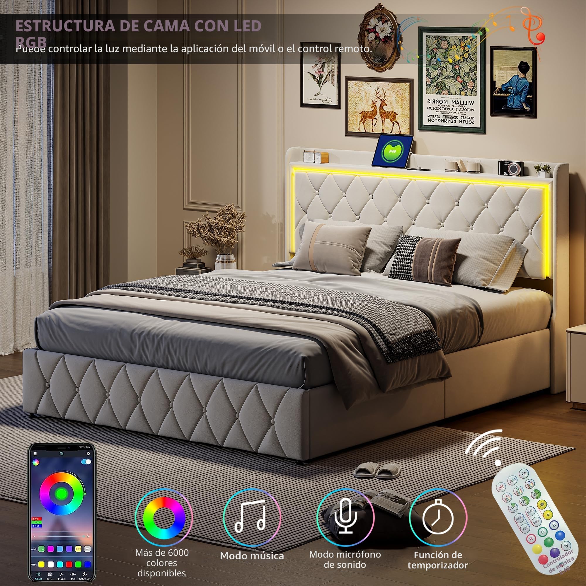 Cama Canapé 140x190 cm con LED y USB, Cama Doble Tapizada en Terciopelo Beige con Somier de Lamas, Cabecero con Almacenaje, Diseño Capitoné (Beige A, 140x190cm)