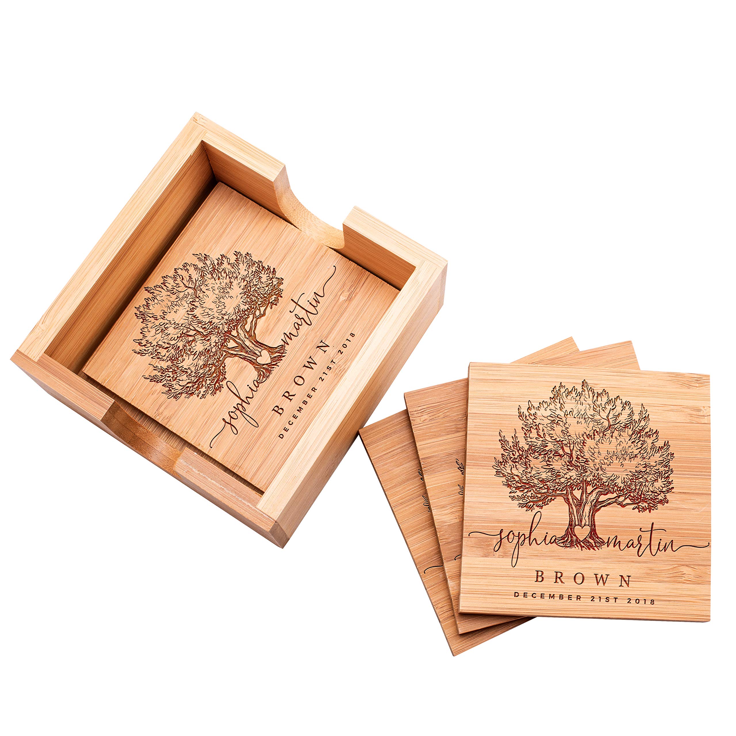 Housewarming Gifts, Personalized Coasters, Set of 4 w/Holder - Custom Bamboo Coaster for Drinks, Wedding for Couple, Bridal Shower Gifts, Coaster Set with Holder #5
