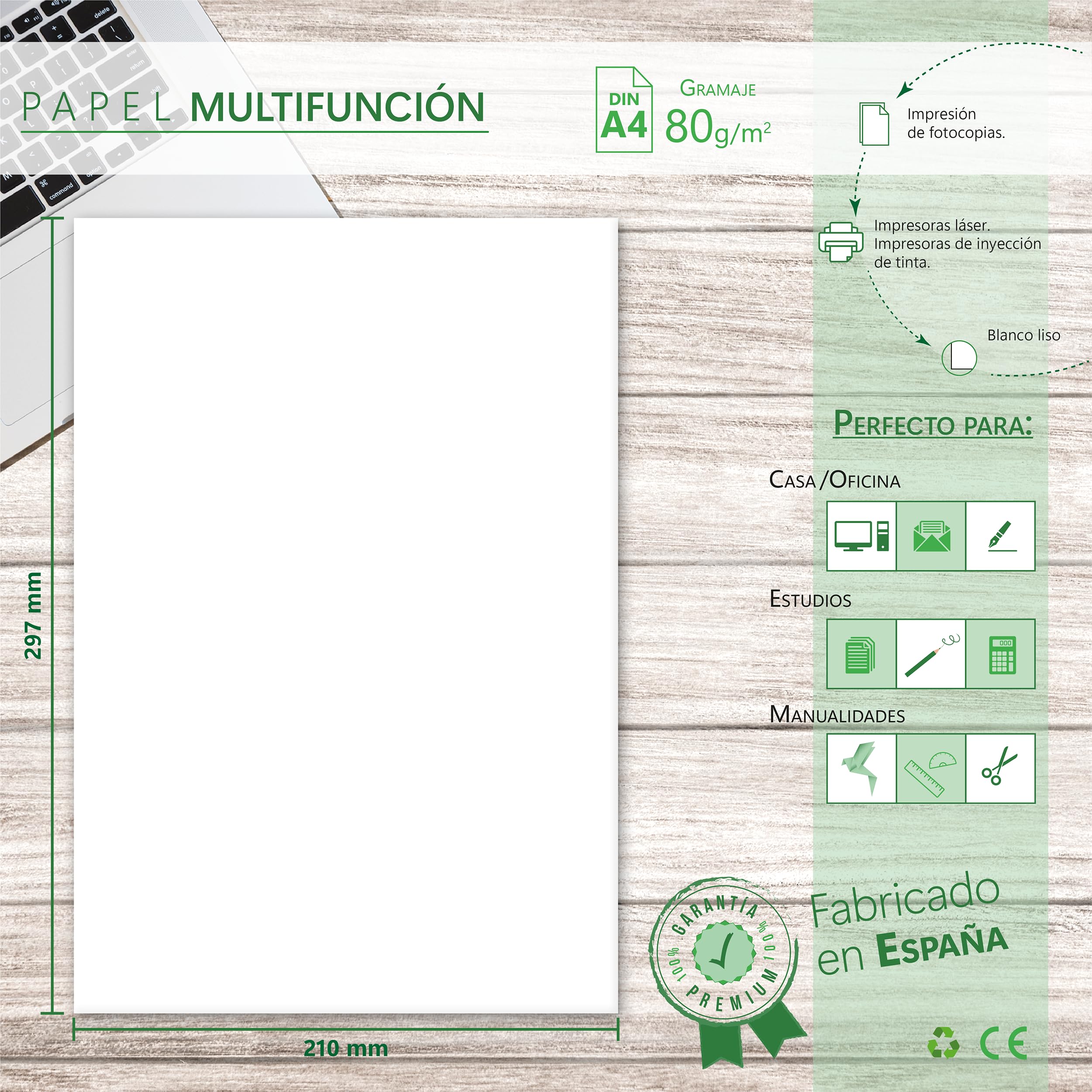 Papel A4 Blanco 80 gr - 2500 Hojas en Paquetes de 500 Folios Multifunción para Impresoras y Fotocpiadoras - Fabricado en España Ideal para Uso Diario y Profesional en Oficina, Hogar y Escuela