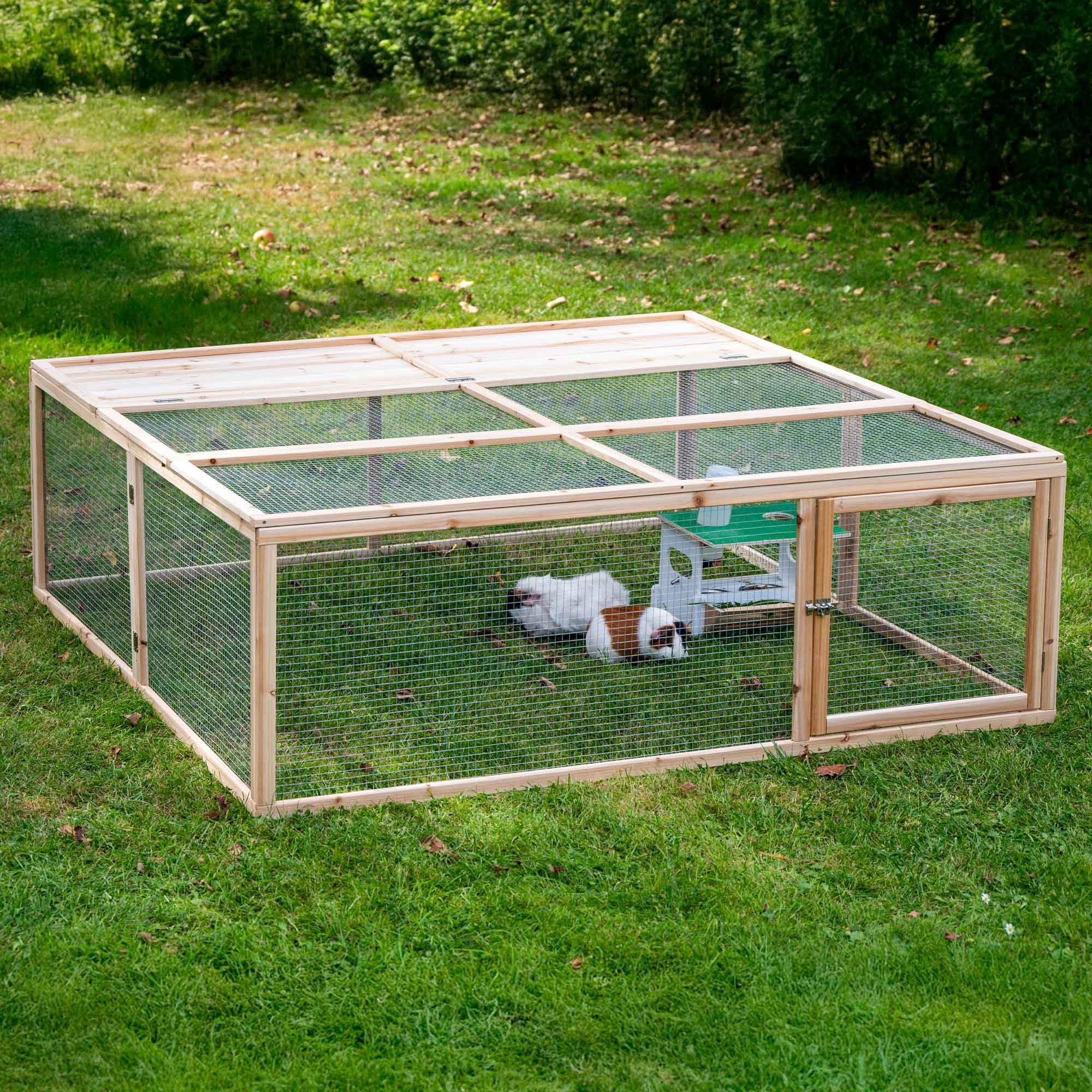 dobar® 23570e Großes Freilaufgehege Massivholz -Aufklappbares Kaninchengehege mit Tür - Außengehege XL für kleine Nager - Quadratischer Freilauf für Kleintiere - 148 x 148 x 50 cm - Natur