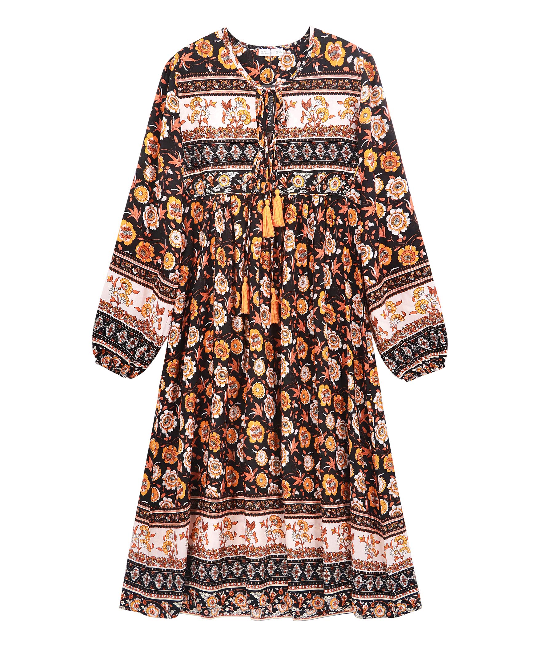 R.Vivimos Women's Long Sleeve Floral Print Retro V Neck Tassel Bohemian Midi Dresses (Medium, Multi-Black)