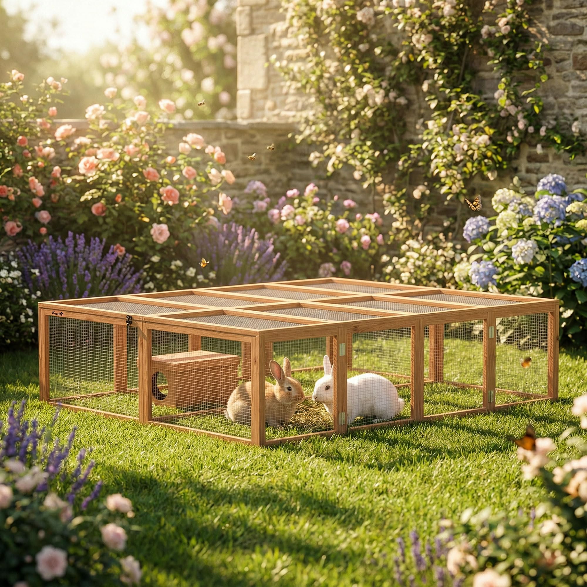 PawHut Freilaufgehege Kaninchenstall aus Holz mit 2 Türen 180,4 x 150 x 48 cm Hasenstall mit Unterschlupfhaus Freigehege für 2-4 Zwergkaninchen Zwergmeerschweinchen Enten Orange