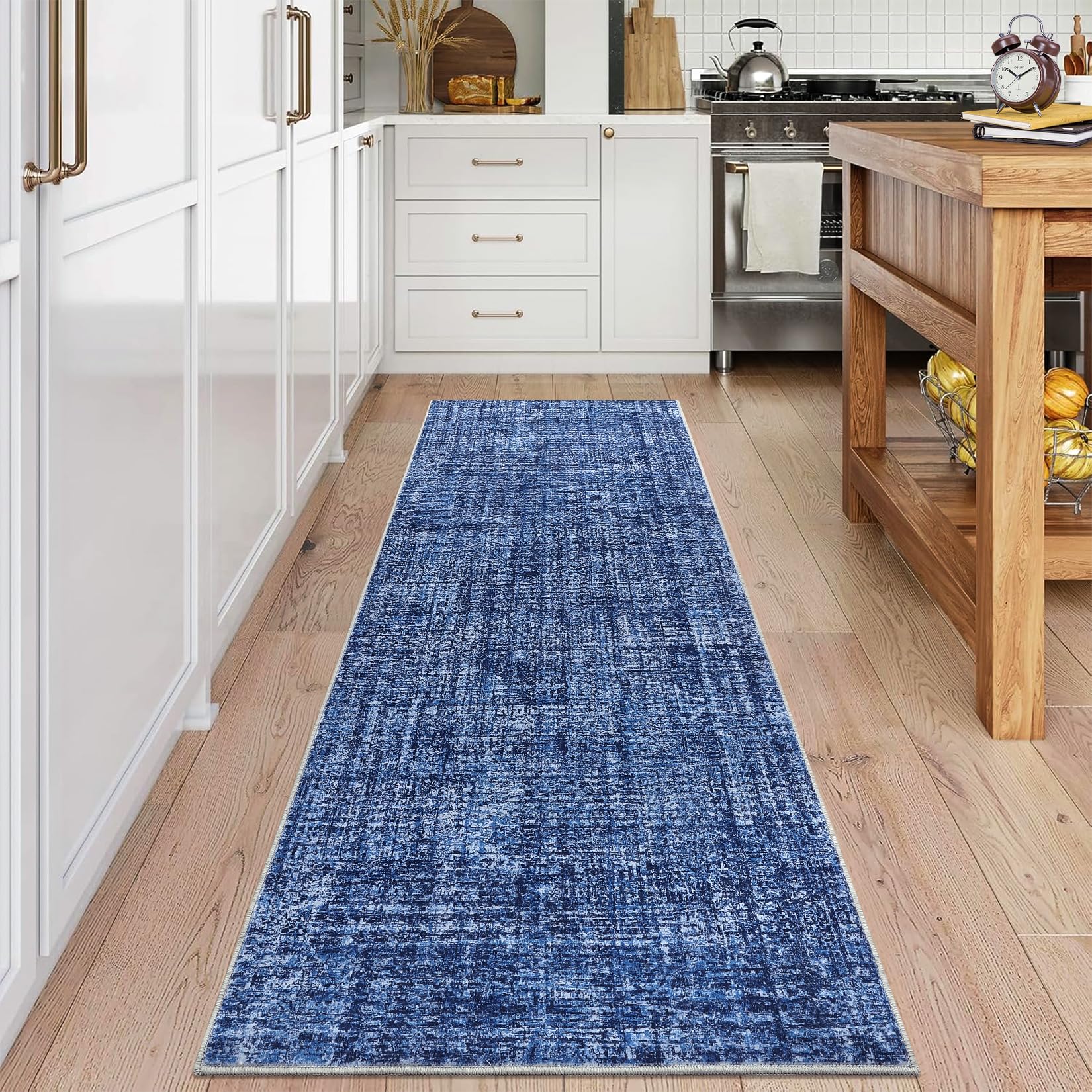 Garvee Solid Runner Rug 2x6 Washable Runners for Hallways, Non Slip Kitchen Rugs Modern Faux Wool Entryway Bathroom Rug Runners Indoor, Modern Abstract Carpet for Hall Kitchen Bedroom,Blue