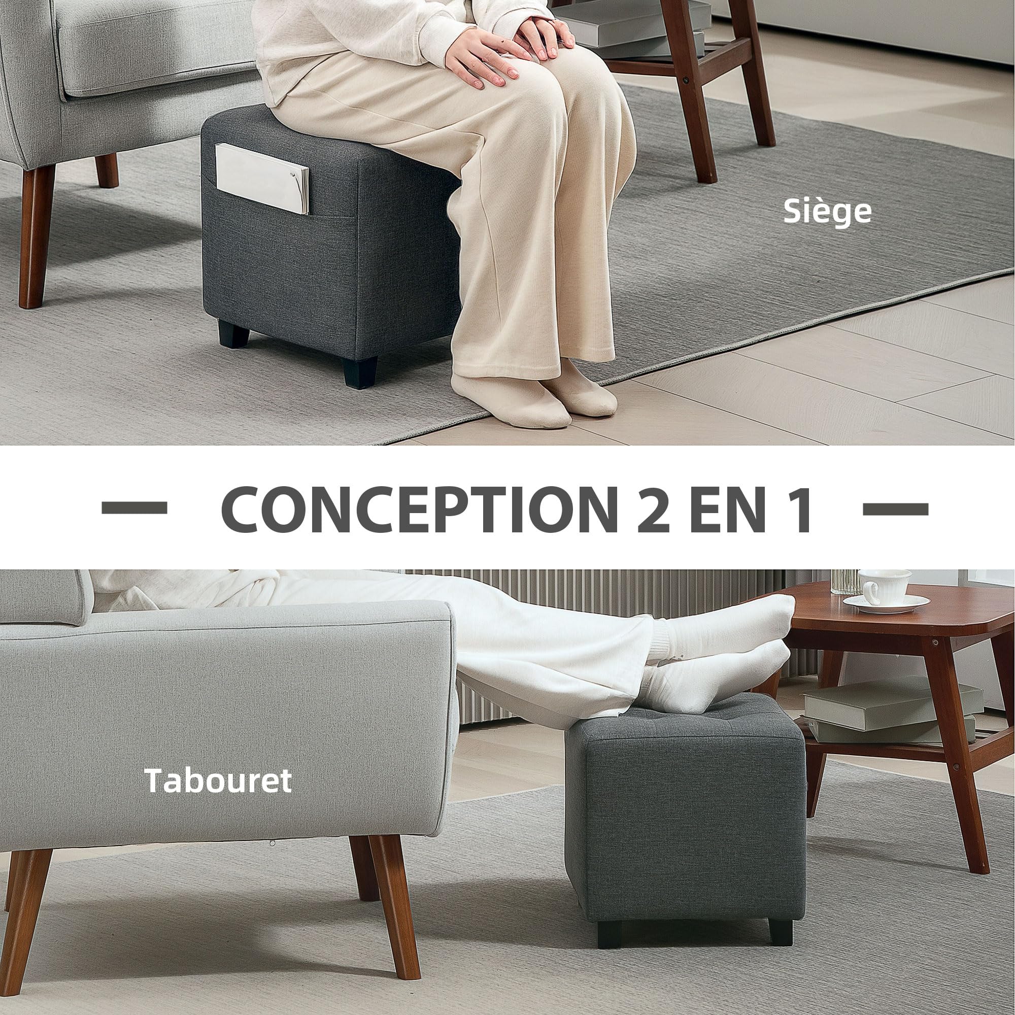 HOMCOM Poggiapiedi Soggiorno, ottomano, seduta imbottita imbottita imbottita in tessuto effetto lino, con tasca laterale, pouf soggiorno, struttura in legno, per camera da letto, ingresso, 35 x 35 x