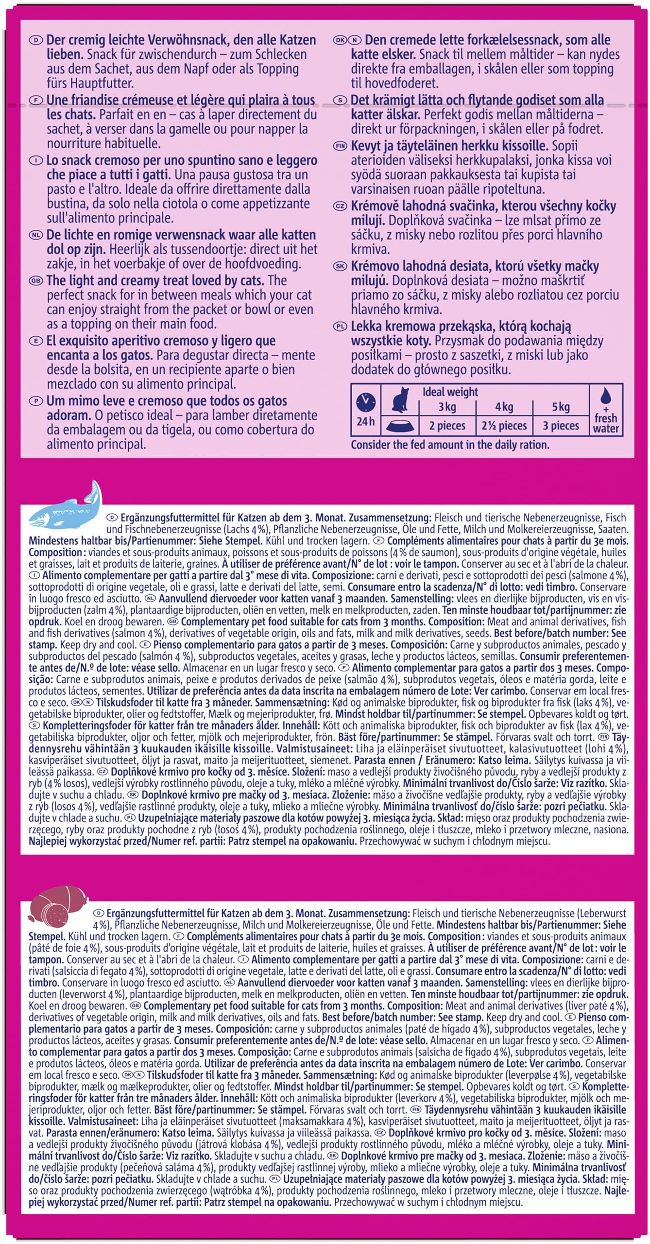 Vitakraft Liquid Snack, golosina para gatos, snack cremoso para gatos, con salchicha de hígado y biotina, con salmón y omega 3, en bolsitas individuales, 1 paquete de almacenamiento (16x 15g)