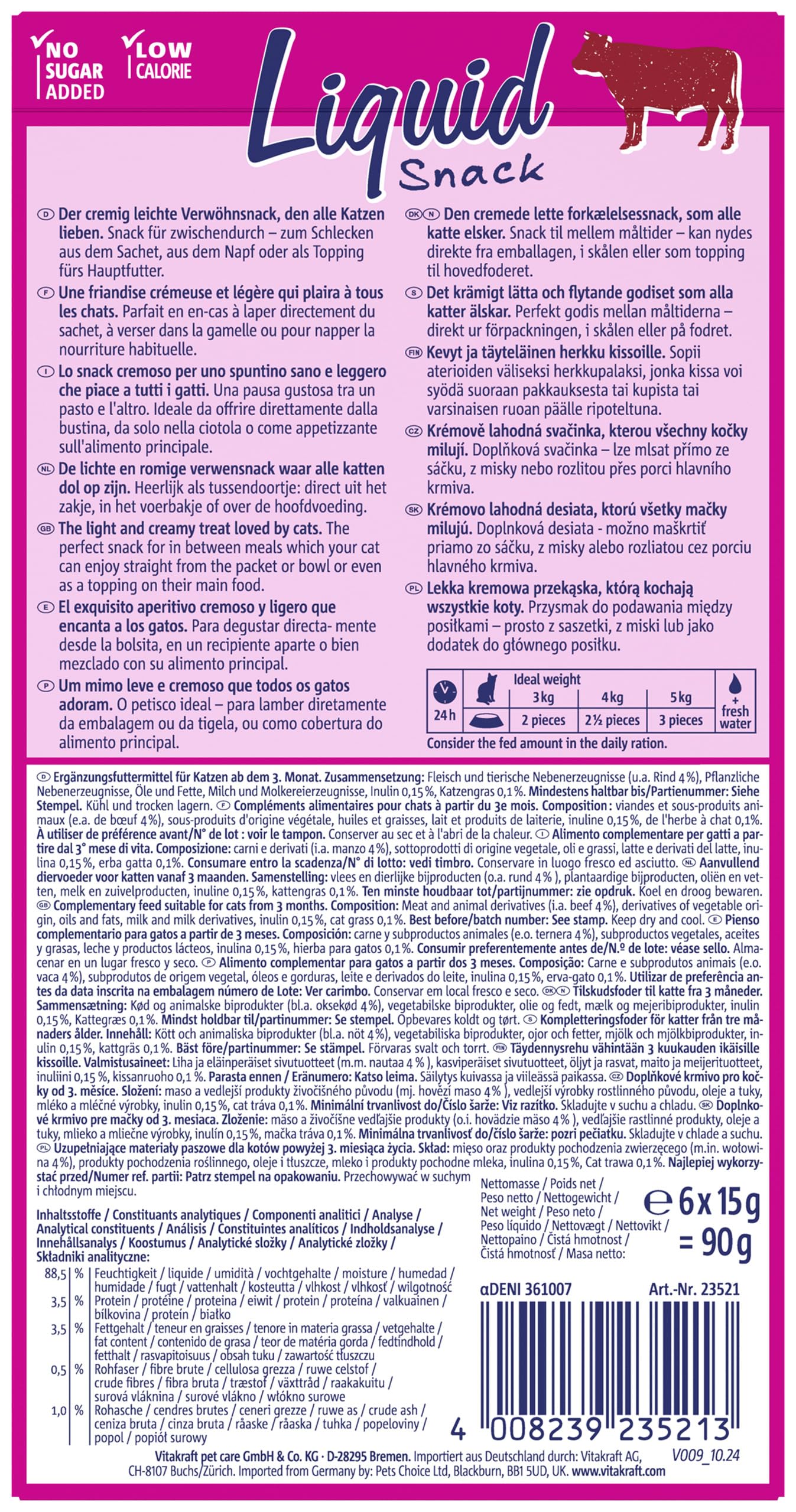 Vitakraft Liquid Snack, golosina para Gatos, Snack cremoso para Gatos, con Carne de Vacuno y Hierba para Gatos, en bolsitas Individuales, para una Flora intestinal Sana (1 Paquete con 6X 15g)