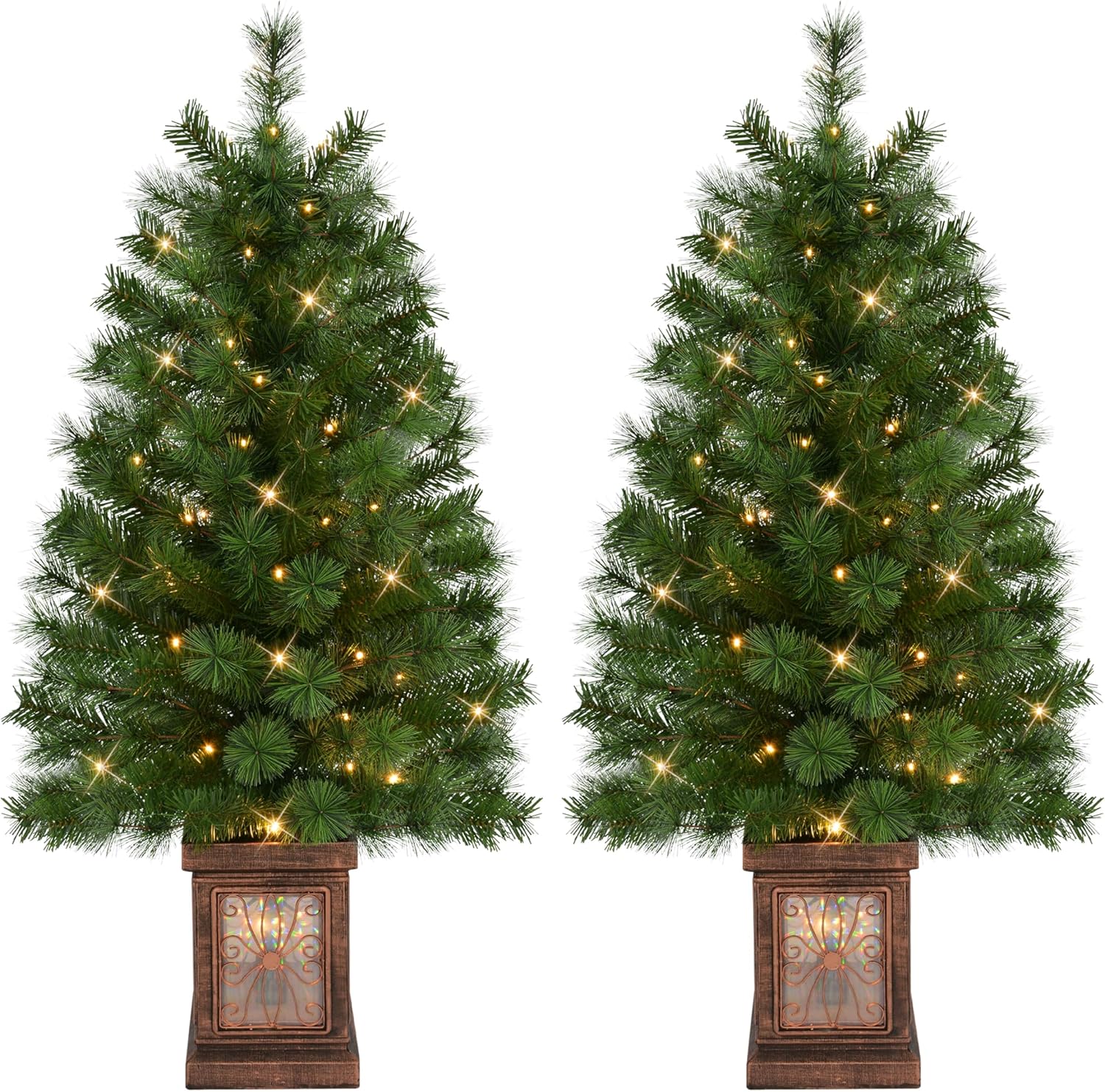 Puleo International Set of 2 Artificial Battery-Operated Pre-Lit Potted Christmas Trees Total of 70 Warm White LED Lights