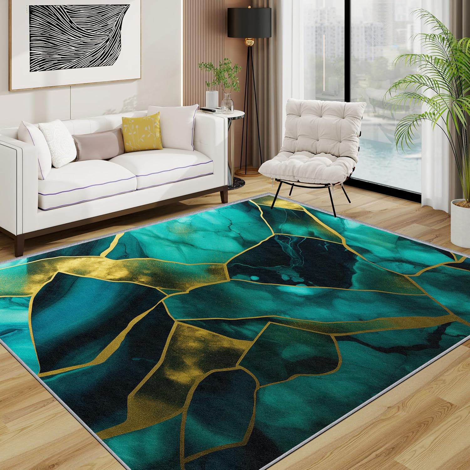 Marble Rug for Entryway Indoor - 2x3ft - Teal Green Gold Washable Non Slip Low Pile Small Rug for Bedroom, Abstract Modern Luxury Floor Mats Home Decor