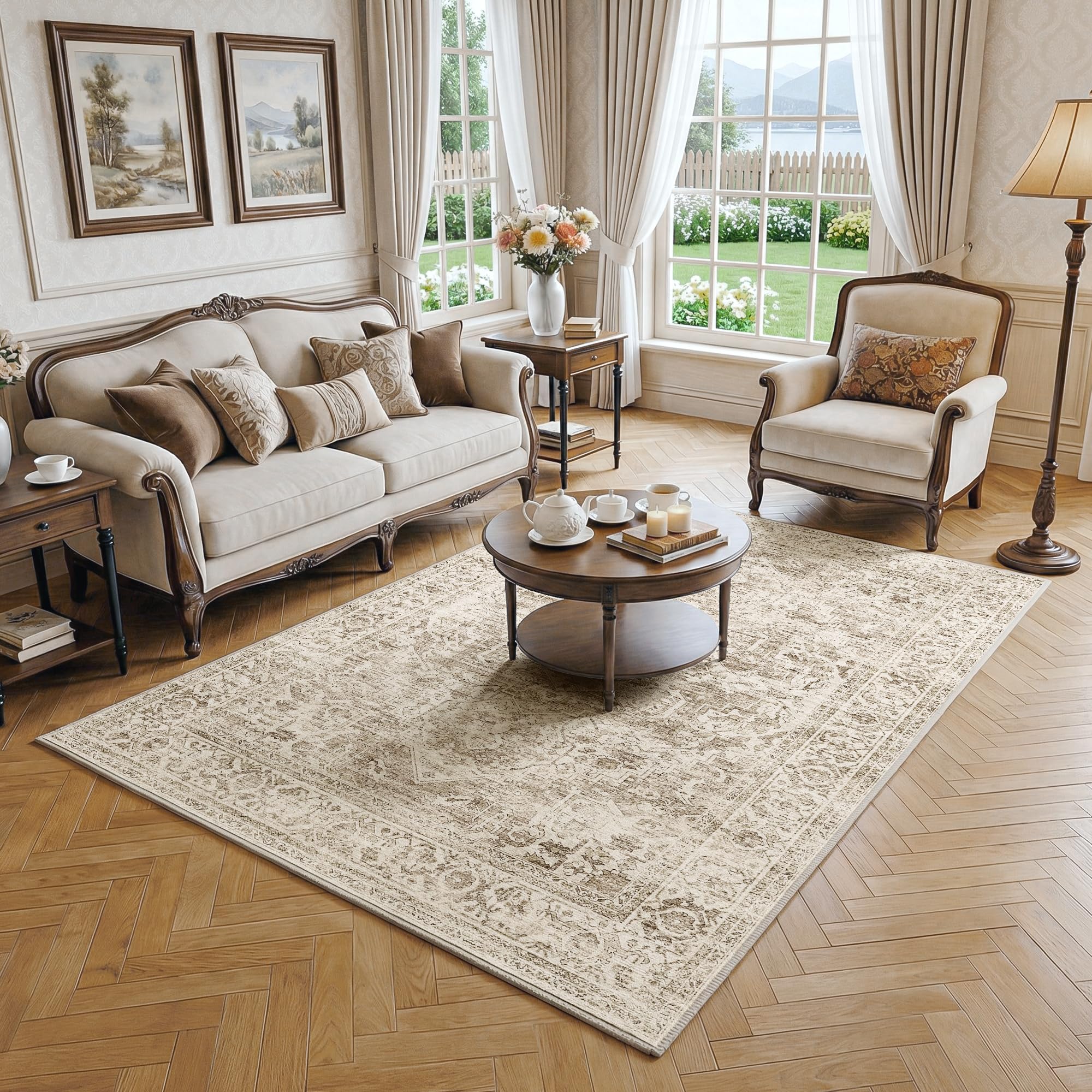 Beauoop Washable Area Rug Brown Neutral 120x170cm Vintage Non Slip Low Pile Distressed Traditional Oriental Indoor Carpet for Living Room Bedroom Soft Retro Mat Thin Rug for Dining Office Entryway