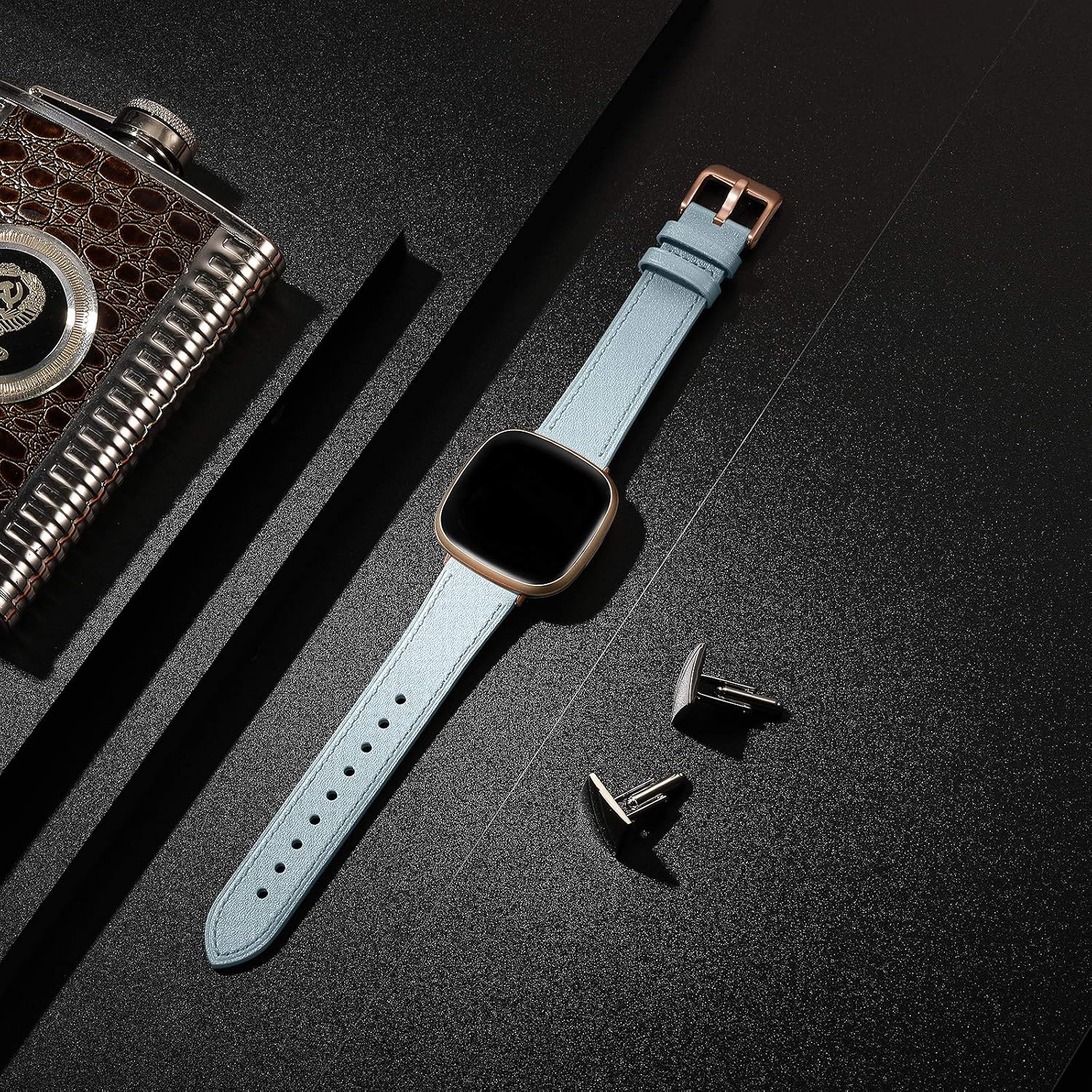CeMiKa Leather Strap Compatible with Fitbit Sense/Fitbit Versa 3, Genuine Leather Wristband for Women & Men, Sky Blue - Image 3