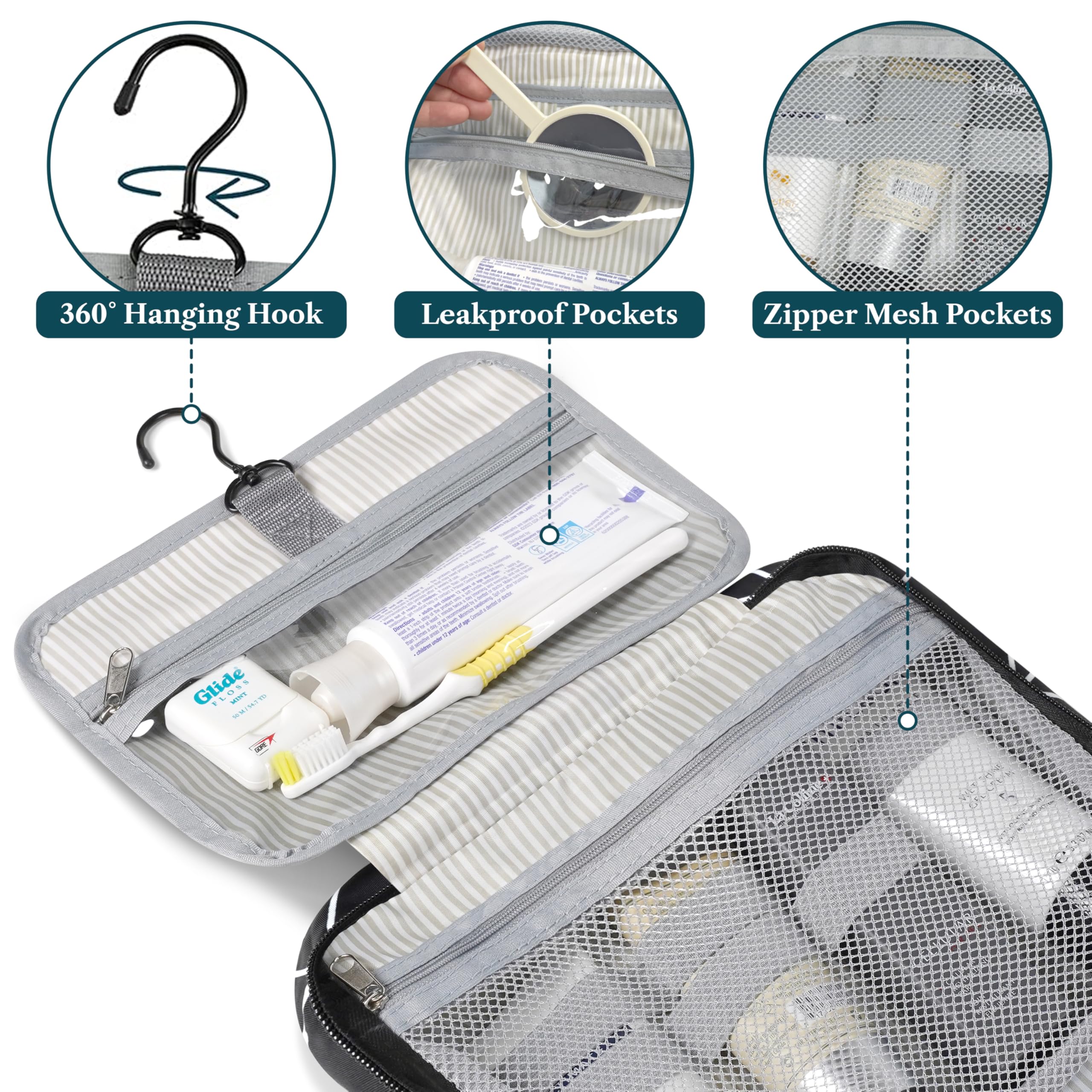 PAVILIA Neceser colgante de viaje para mujeres y hombres, organizador de cosméticos plegable, resistente al agua, accesorios de tocador, kit de artículos de tocador grande, Negro (Chevron), Talla