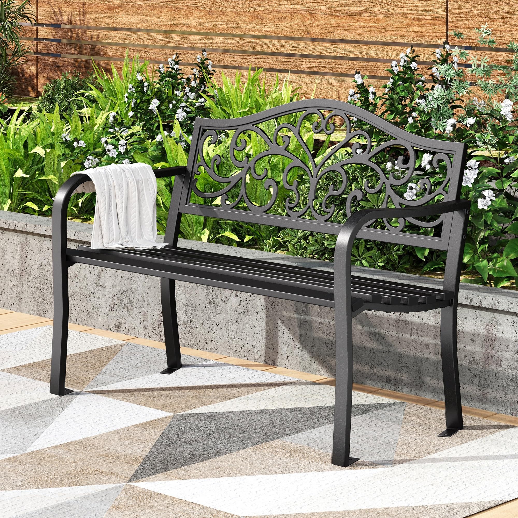 PHI VILLA 43 Inch Cast Iron Steel Frame Outdoor Garden Bench, Patio Furniture Chair Bench w/Floral Design Backrest, Slatted Seat for Park, Yard, Porch