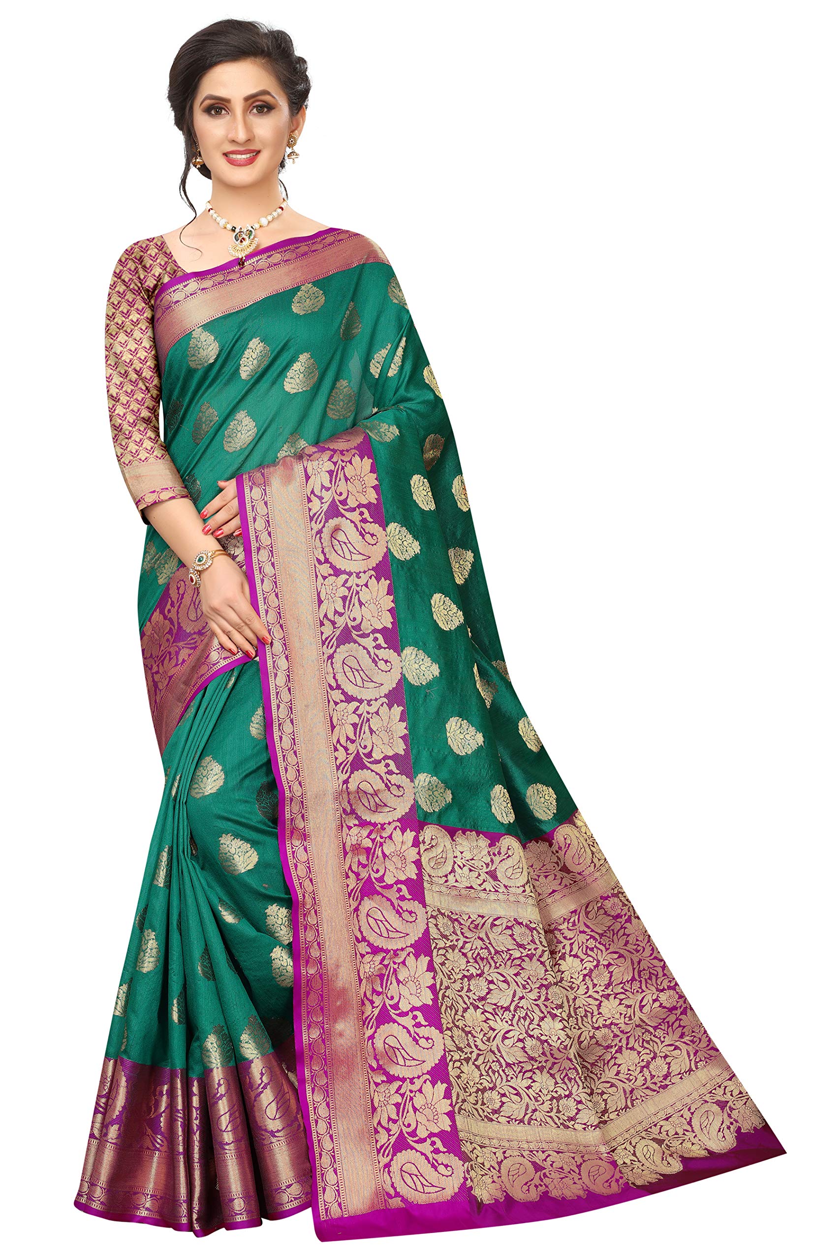 Silk ZoneWomen's Heavy Banarasi Art Silk Saree With Unstitched Blouse Piece(Teal)