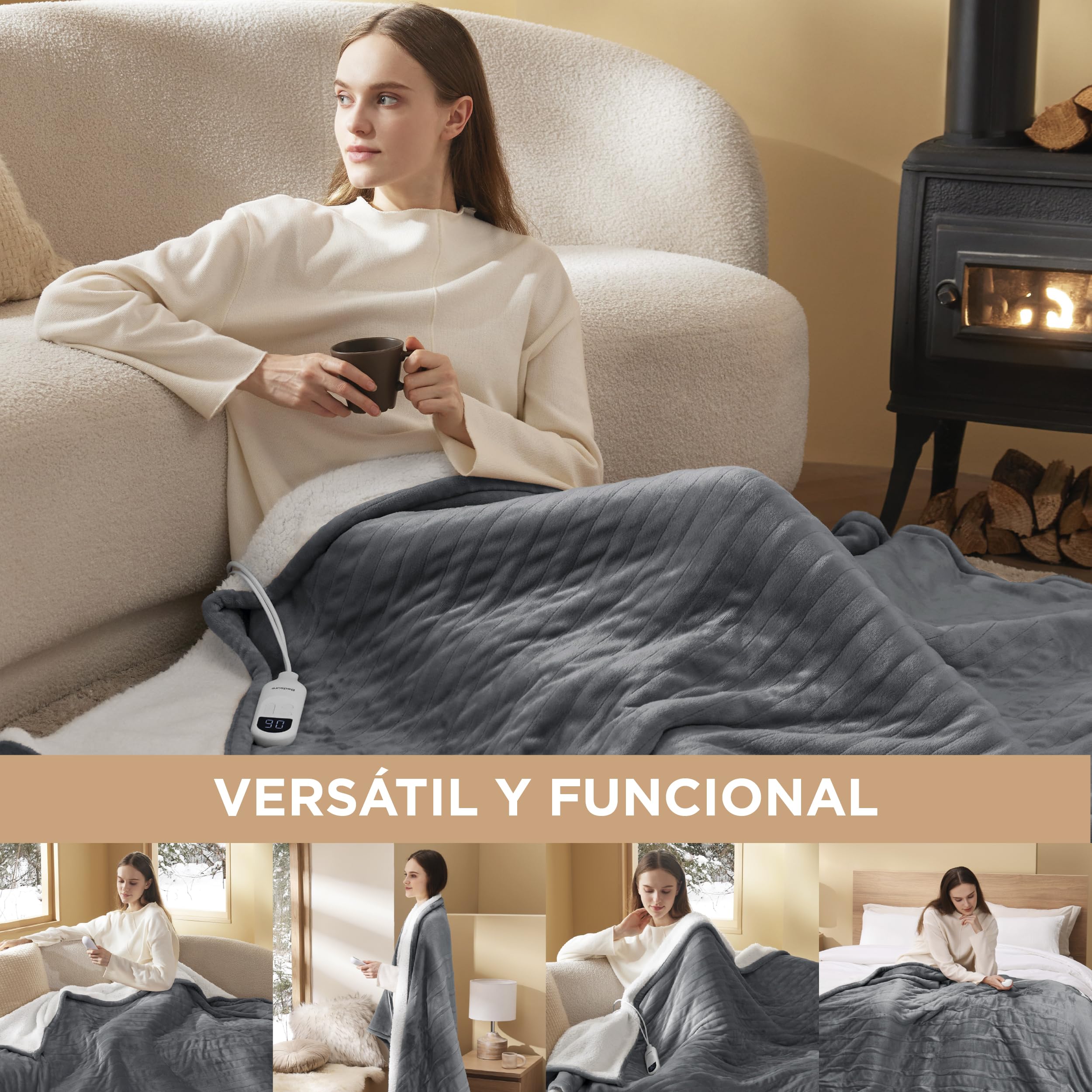 Bedsure Mantita eléctrica 130x180cm, Apagado automático, 6 Niveles de Calor, Temporizador 10h, protección sobrecalentamiento 8h, acogedora para hogar & Oficina, Gris