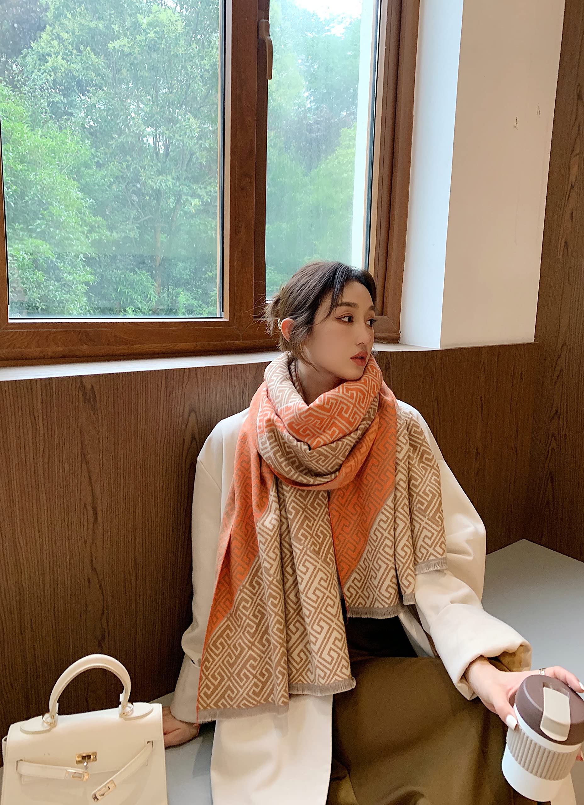 iCuviy Grande scialli e involucri pashmina da donna extra morbidi al tatto in cashmere, sciarpe autunnali scialli e involucri per matrimonio, Arancione e marrone., Large
