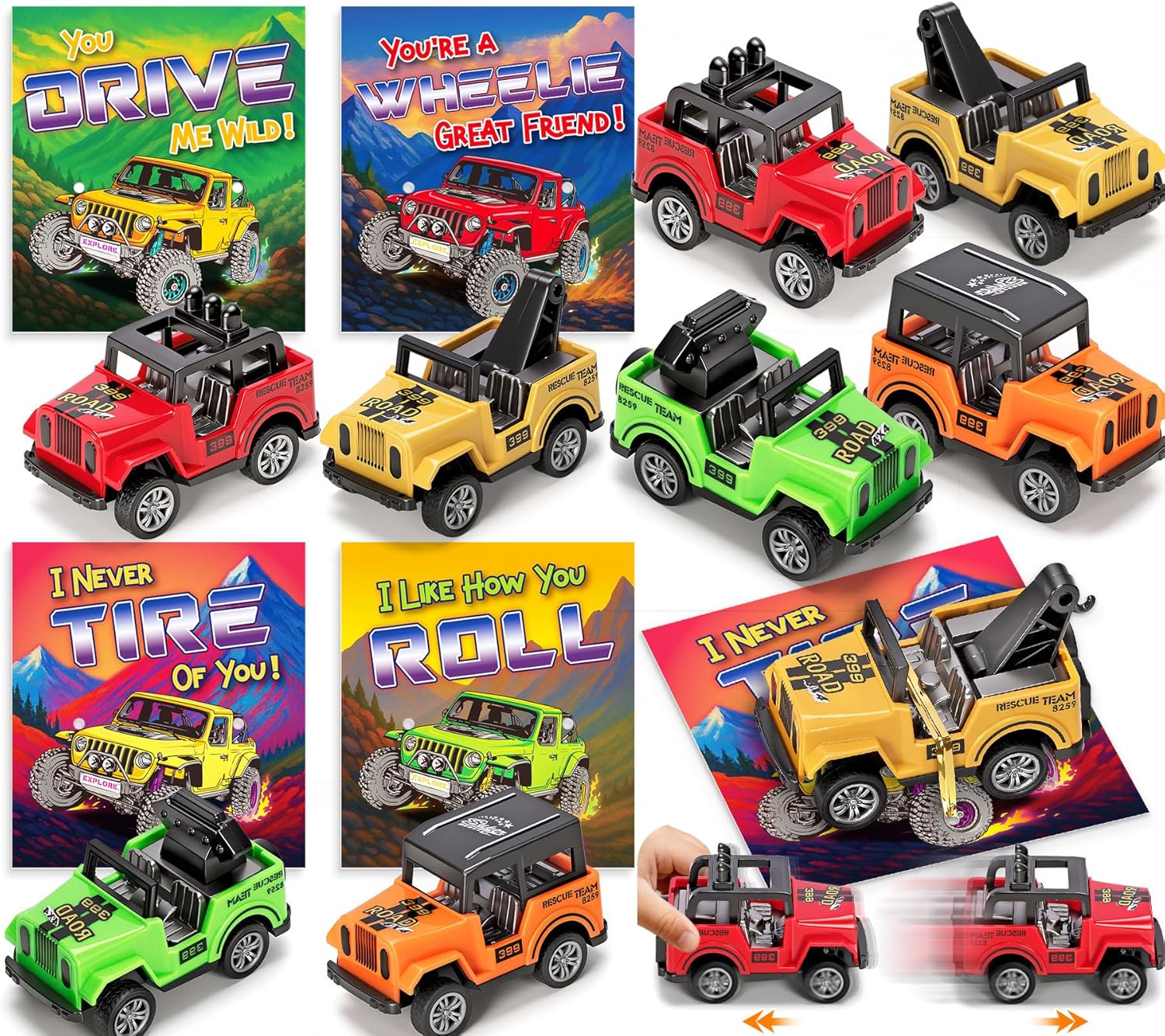 Valentines Party Favors, 24 Pack Valentines Day Cards for Kids School with Pull Back Car Toys, Valentines Day Gifts for Kids, Off-Road Vehicle Cars for Valentine's Classroom Exchange for Boys Girls
