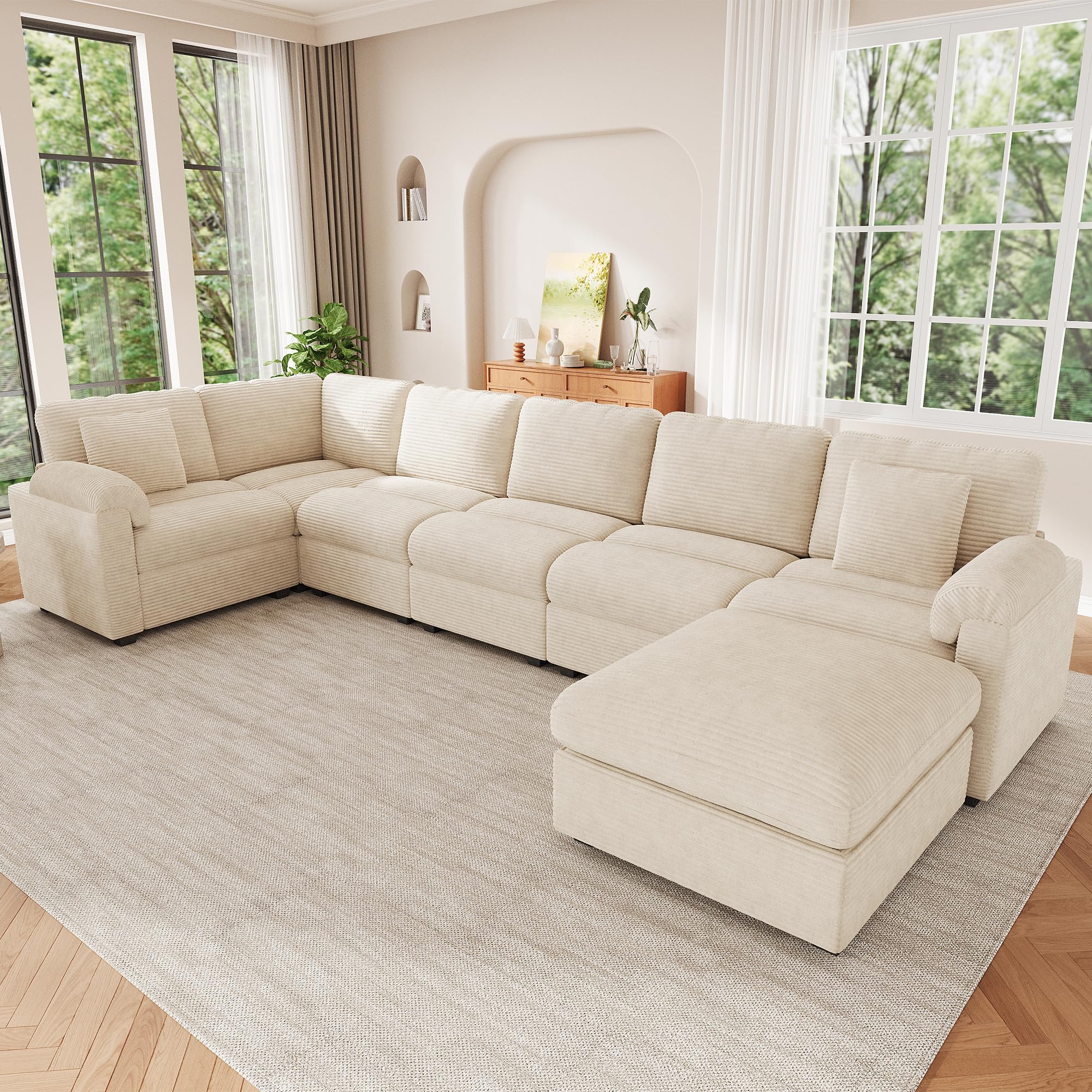 Sapgaks Sofá Convertible de 7 plazas en U/L con Pufs Móvil, Sofá de esquina grande Convertible de pana con cojines, Sofá Modular Multifuncional en el Salón Appt, Beige