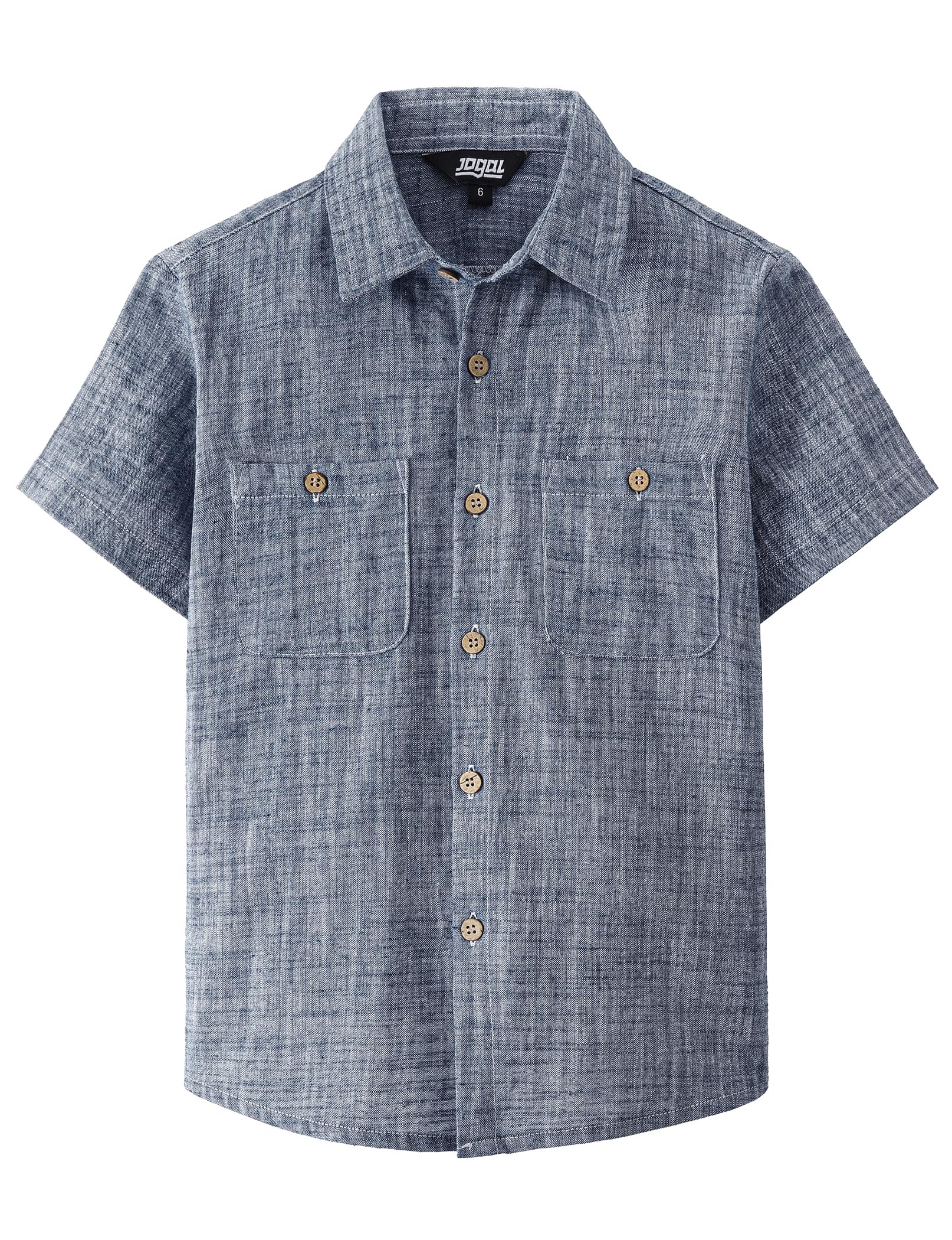 JOGAL Camisa de cambray de manga corta con botones para niños de 6 a 14 años
