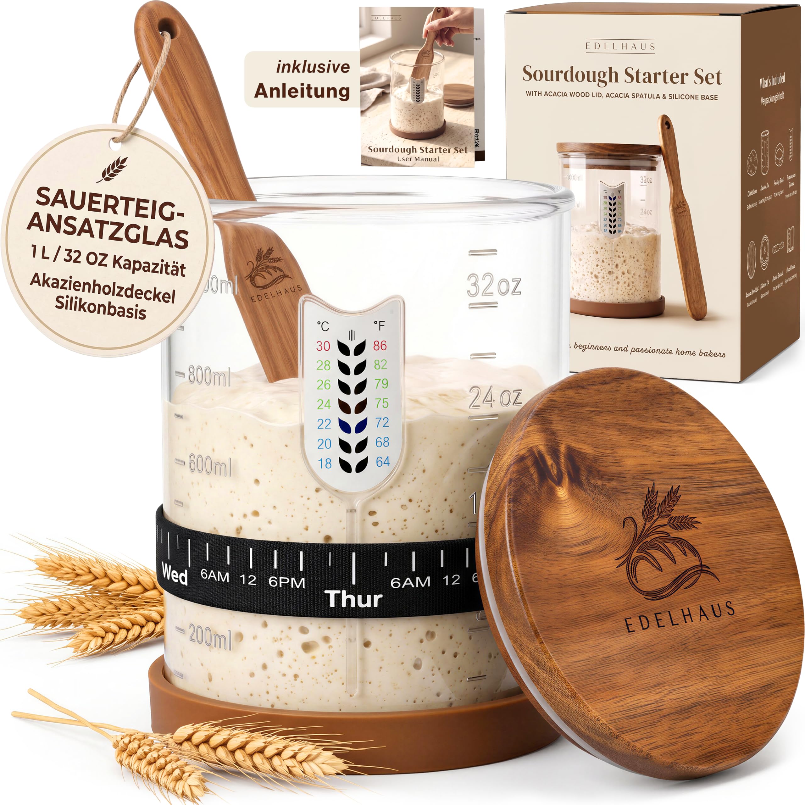 EDELHAUS Sauerteig Glas Starter Set 1 L - Gärglas mit Deckel zum Brotbacken | Akazienholzdeckel und Akazienholzspatel - Fermentierglas für Anstellgut mit Messskala und Temperaturanzeige zum Ansetzen