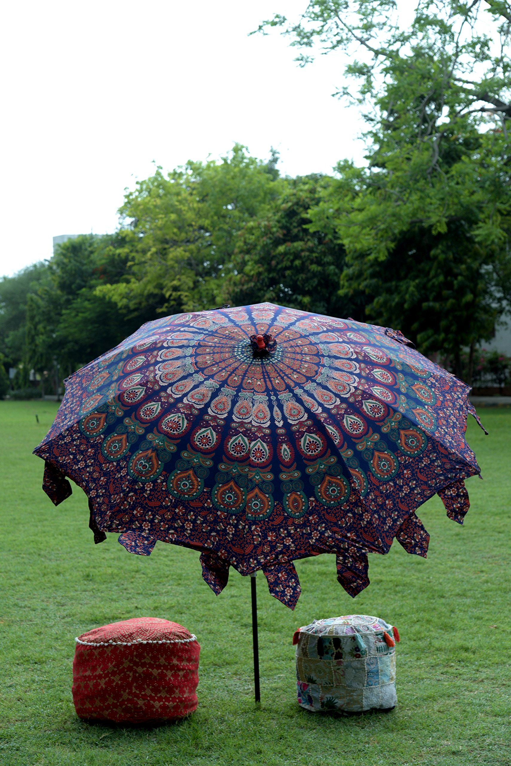 Handicraft-Palace Blue Peacock Feather Mandala Printed Beach Garden Hotel Umbrella Cotton Large Outdoor Resort Lawn Umbrella Round Patio Parasol 1