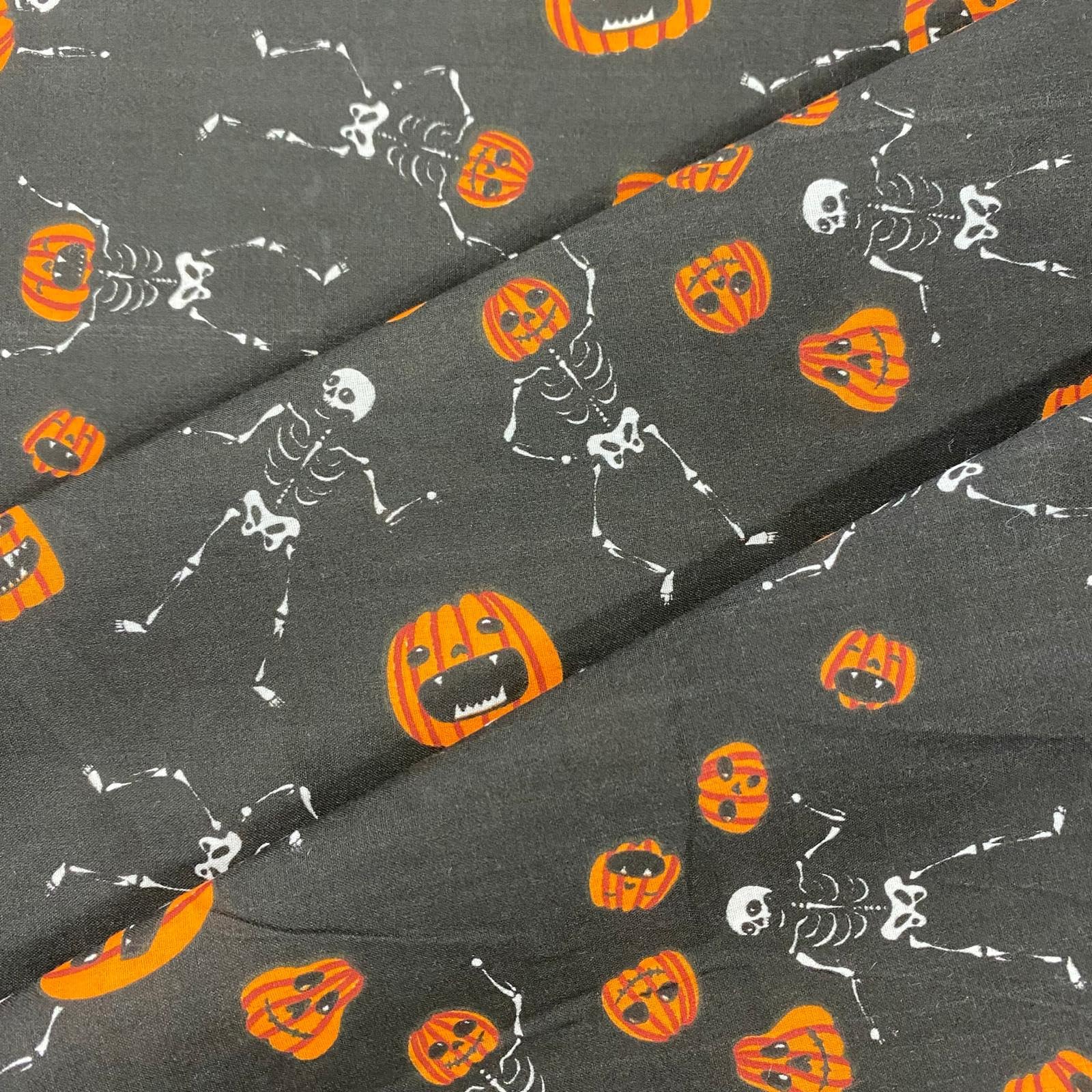 Kayes Textiles Black With Orange And White Halloween Polycotton Fabric, Pumpkin And Skeleton Print, Black Background - 44''/112Cm Wide