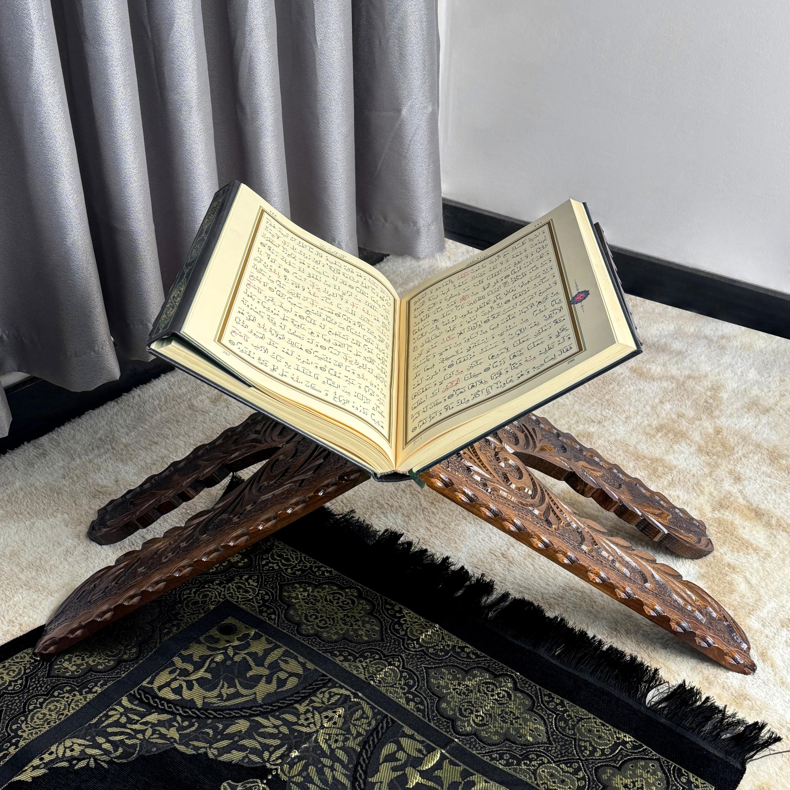 Handcarved Wooden Quran Stand, Islamic Home Decor, Pray Room Decoration, Cedar Wood, Folding Quran Display Holder