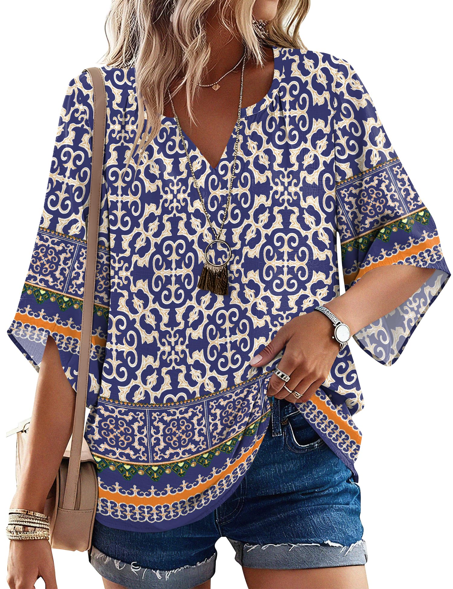 iWoo Bluse Damen 3/4 Arm Boho Tops Elegante V-Ausschnitt Locker Tunika Shirts Casual Oberteil Sommer Blusen