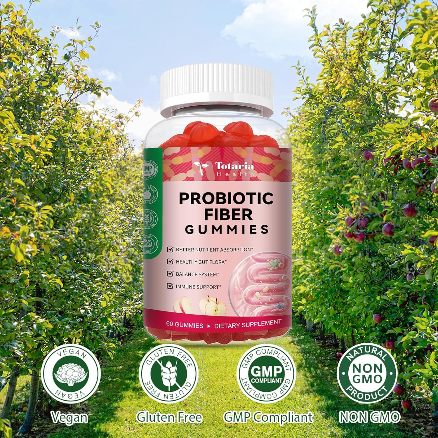 Totaria 9-in-1 Probiotic Fiber Gummies for Adults & Teens 16G Fiber per Serving, Psyllium Fiber Supplement with 5 Billion CFU Bacillus Coagulans, Inulin, ACV for Digestive & Gut Wellness - 60 Gummies - Image 4