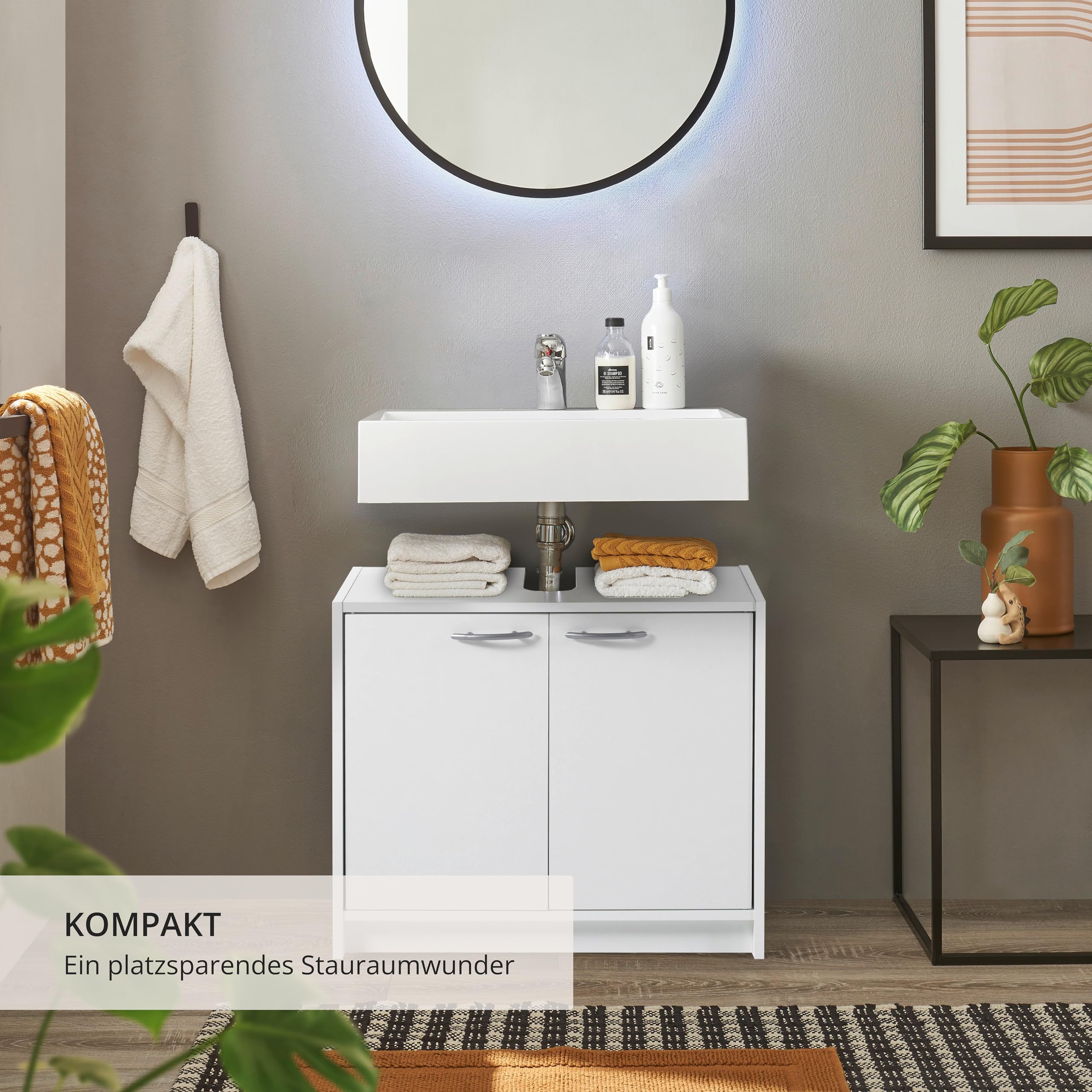 SMASH Badezimmer Waschbeckenunterschrank in Weiß matt - Schlichter Bad Unterschrank Badezimmerschrank mit viel Stauraum - 63 x 55 x 29 cm (B/H/T)