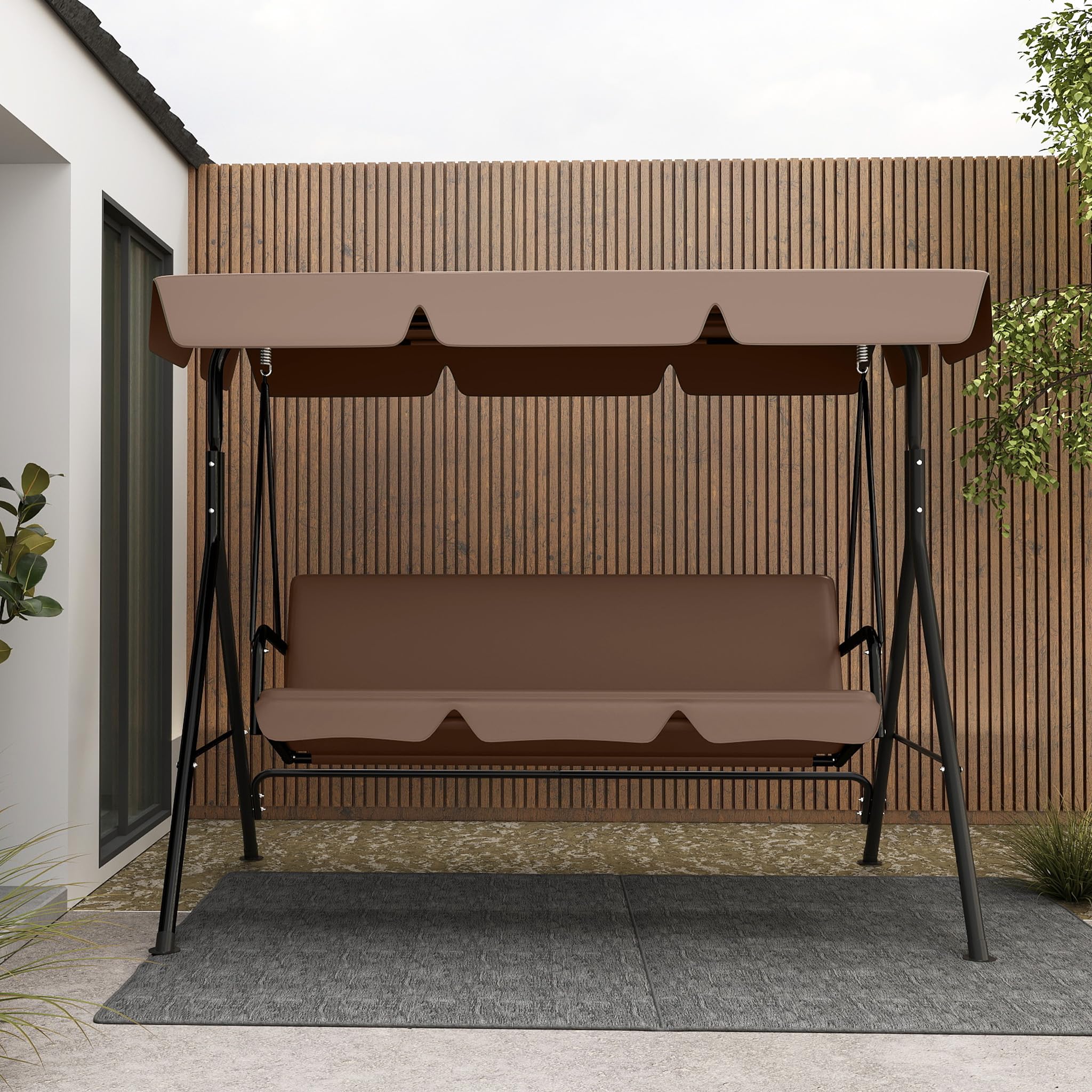 NAIZY Columpio de jardín de 193 x 110 x 152 cm, 3 plazas, con techo ajustable, banco de metal y tubo antideslizante, felpudos para mecedora, columpio colgante Max hasta 200 kg, color marrón