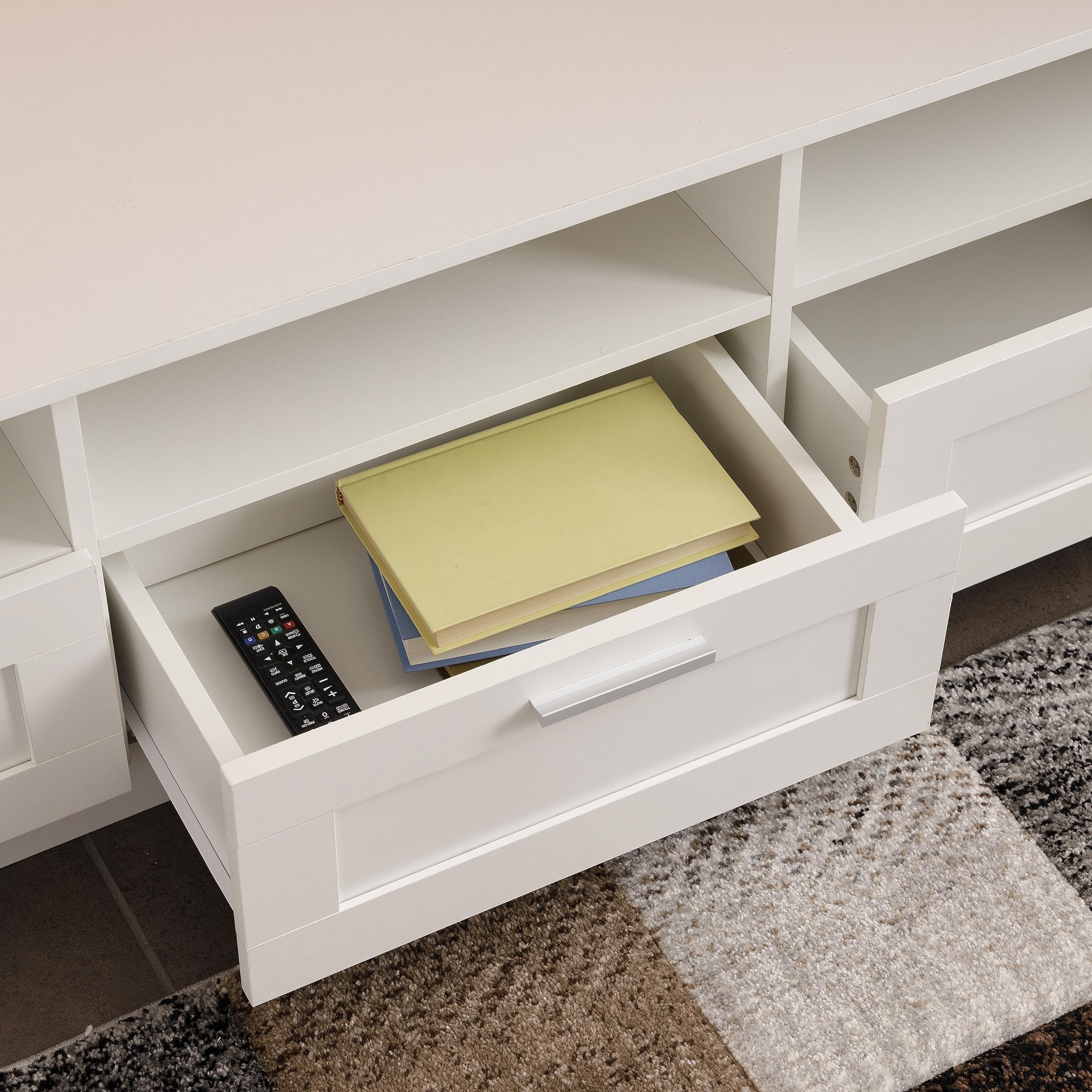 Baroni Home Mobile per Tv con 3 Ripiani 3 Cassetti, Foro per Passaggio Cavi in MDF, Consolle Porta TV per Camera da Letto, Salotto, Cucina, Bianco, 140x33x30 cm