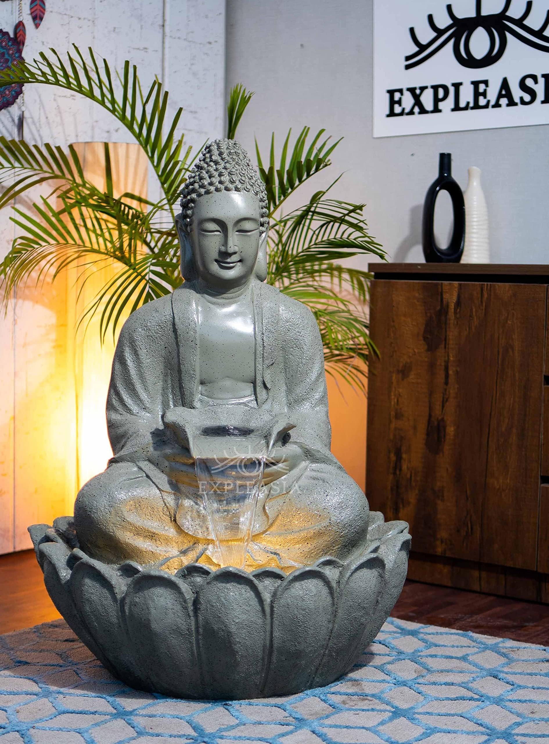EXPLEASIA Lotus Buddha Water Fountain for Home Indoor Big Size for Garden Home vastu Buddha Fountain 3 feet (Raseda Green)