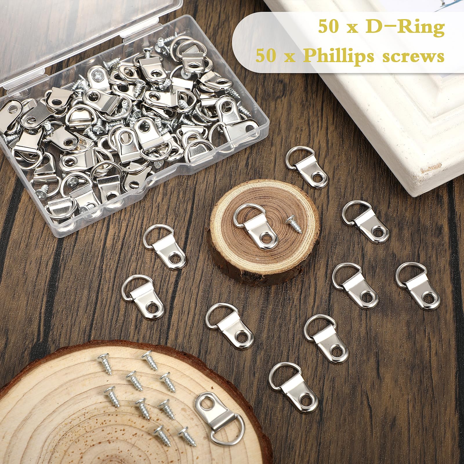 100 Stück Bilderaufhänger Mit D-Ring & Schrauben – Silber, 22 X 10 Mm, Für Rahmen & Leinwände