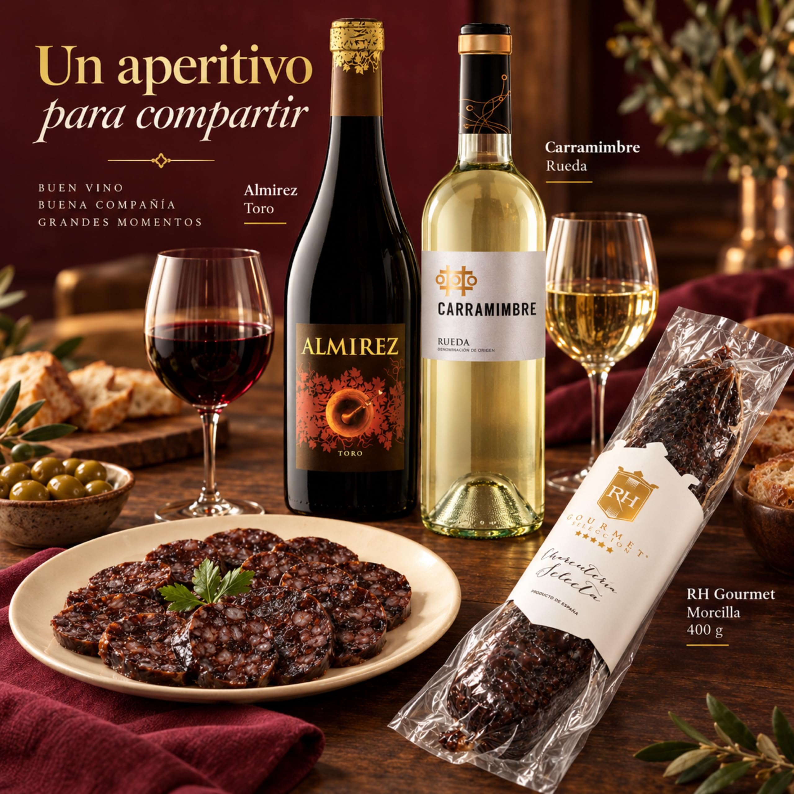 Cesta gourmet Navidad Almirez y Carramimbre Verdejo con morcilla ibérica gourmet 400 g RH Gourmet, pack de 2 botellas 75 cl