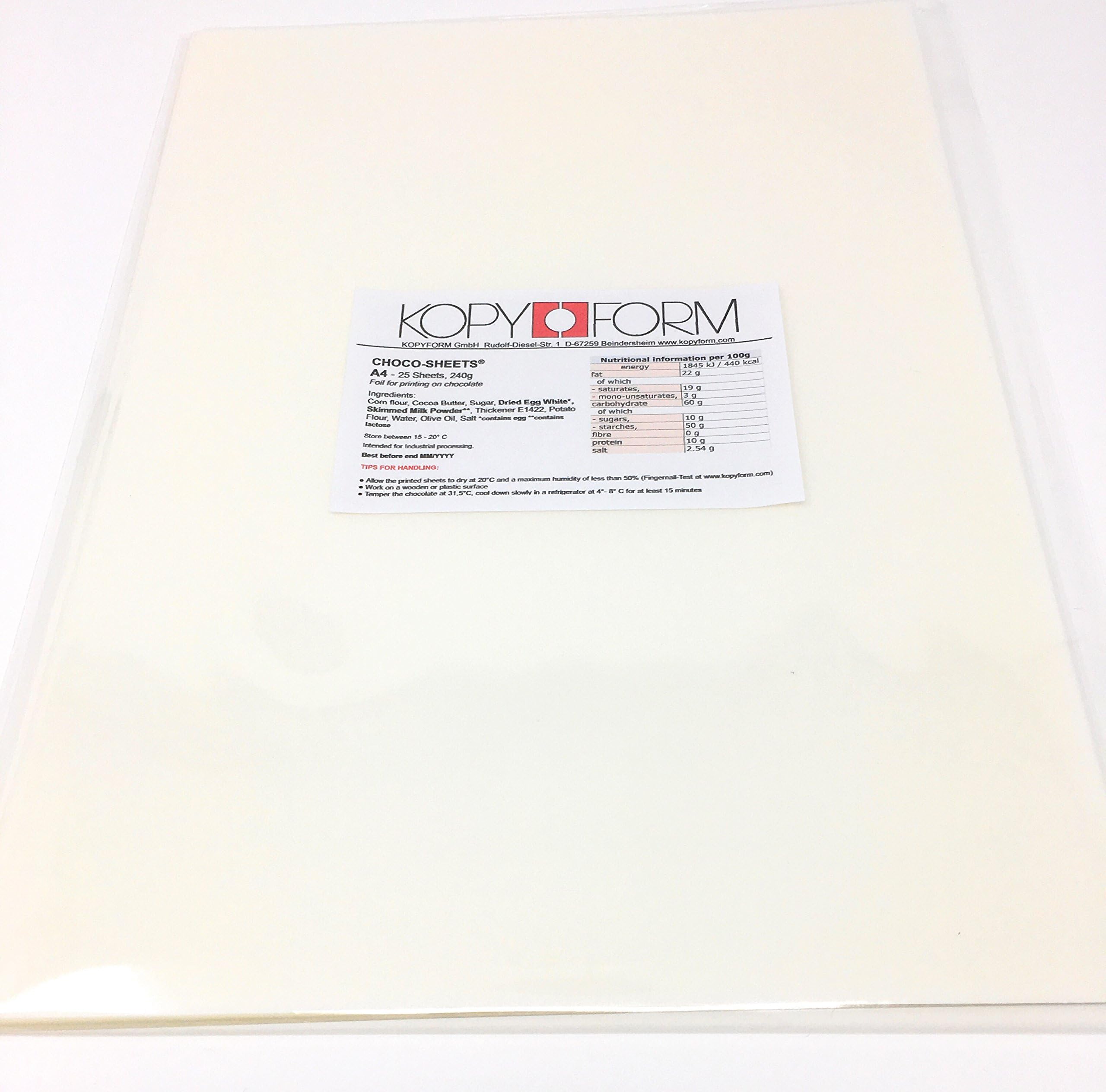 KOPYFORM Choco Sheets® (Chocolate Transfer Sheets to Print on White Chocolate), Blank, A4, 25 Sheets (TP525)
